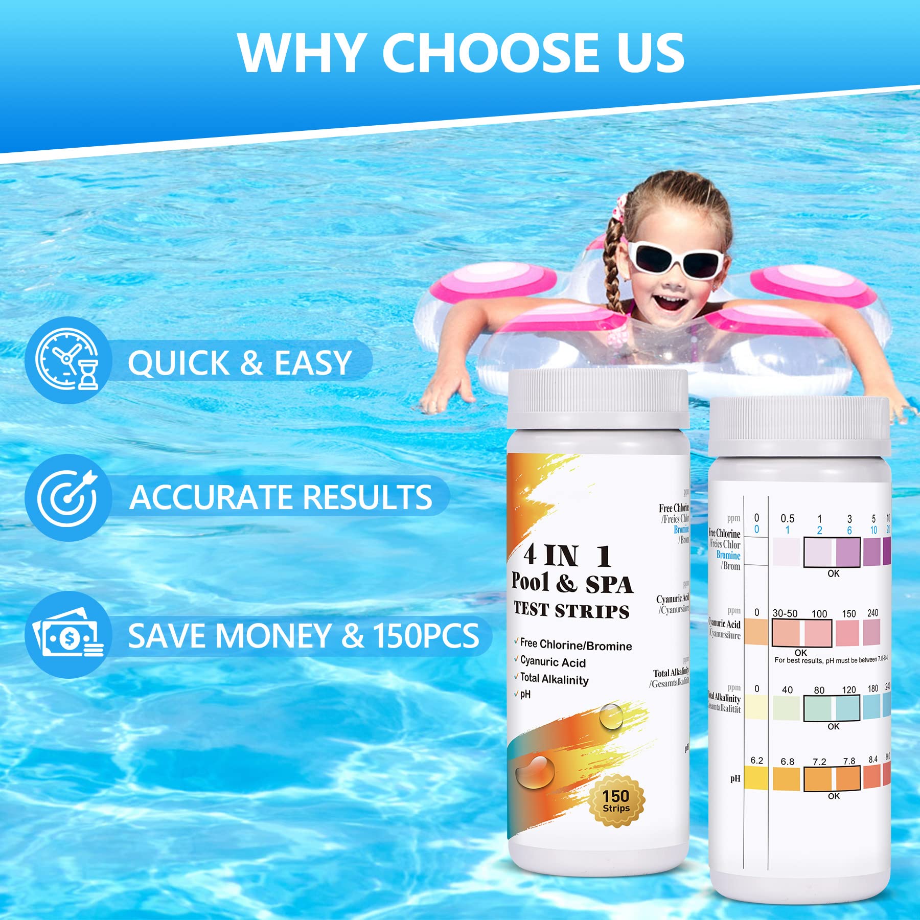Pool Teststreifen 150 Stück – 4-in-1 Für PH, Chlor/Brom, Gesamtalkalität & Cyanursäure
