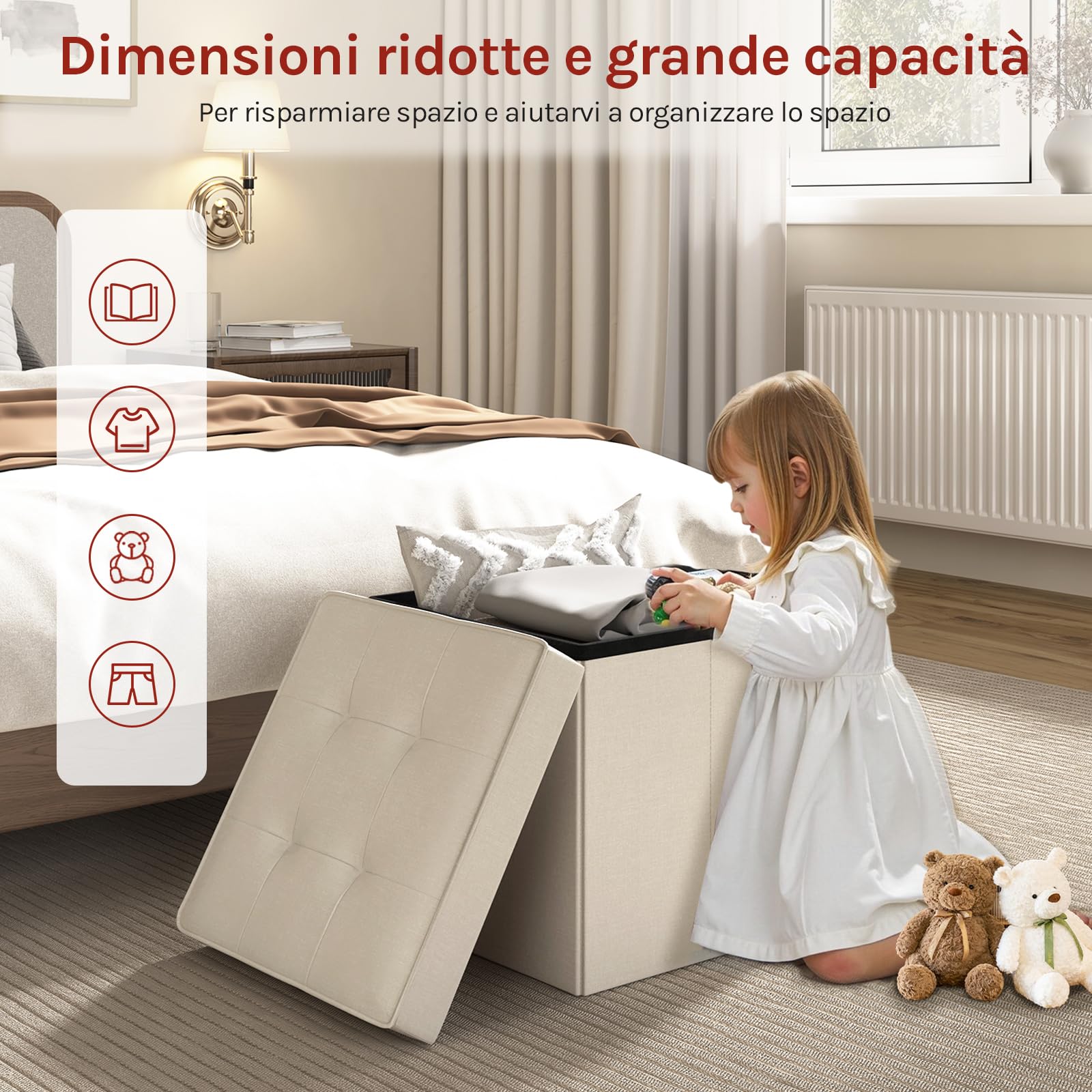 WOLTU Sgabello Pieghevole Sedia a Cubo Pouf Cassapanca Poggiapiedi Panche Contenitore con Coperchio Rimovibile MDF Oxford Lino Beige