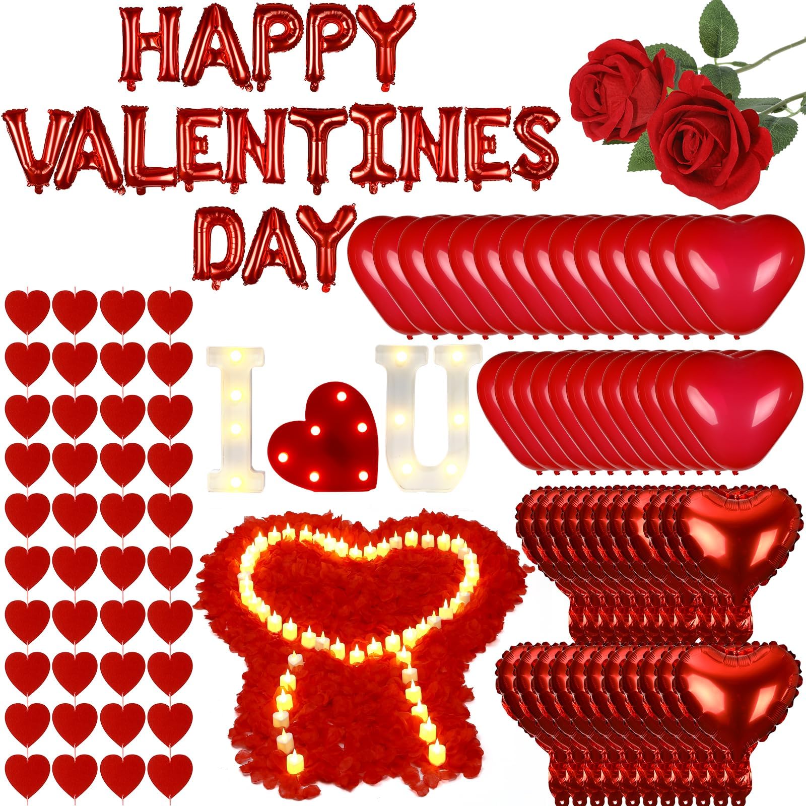 Decoraciones para el día de San Valentín, globos de feliz día de San Valentín, 3000 pétalos de rosa roja con 36 luces LED cálidas, velas con letras iluminadas, 2 rosas artificiales, corazón, globos de