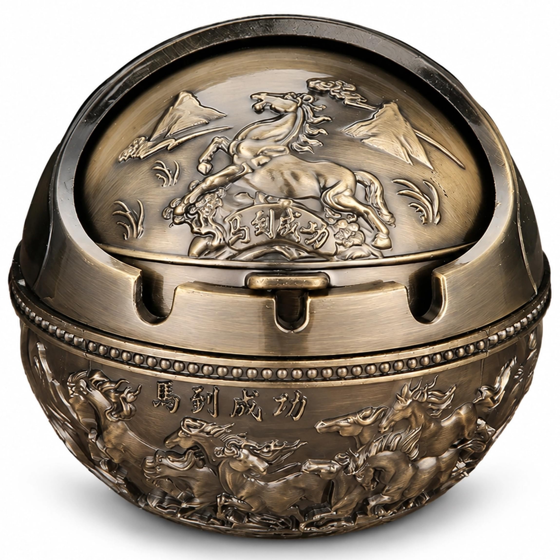 Ashtray Funny, Funny Odorproof Ashtray with Rotating Lid Small Bronze Alloy Spherical Decor, Success