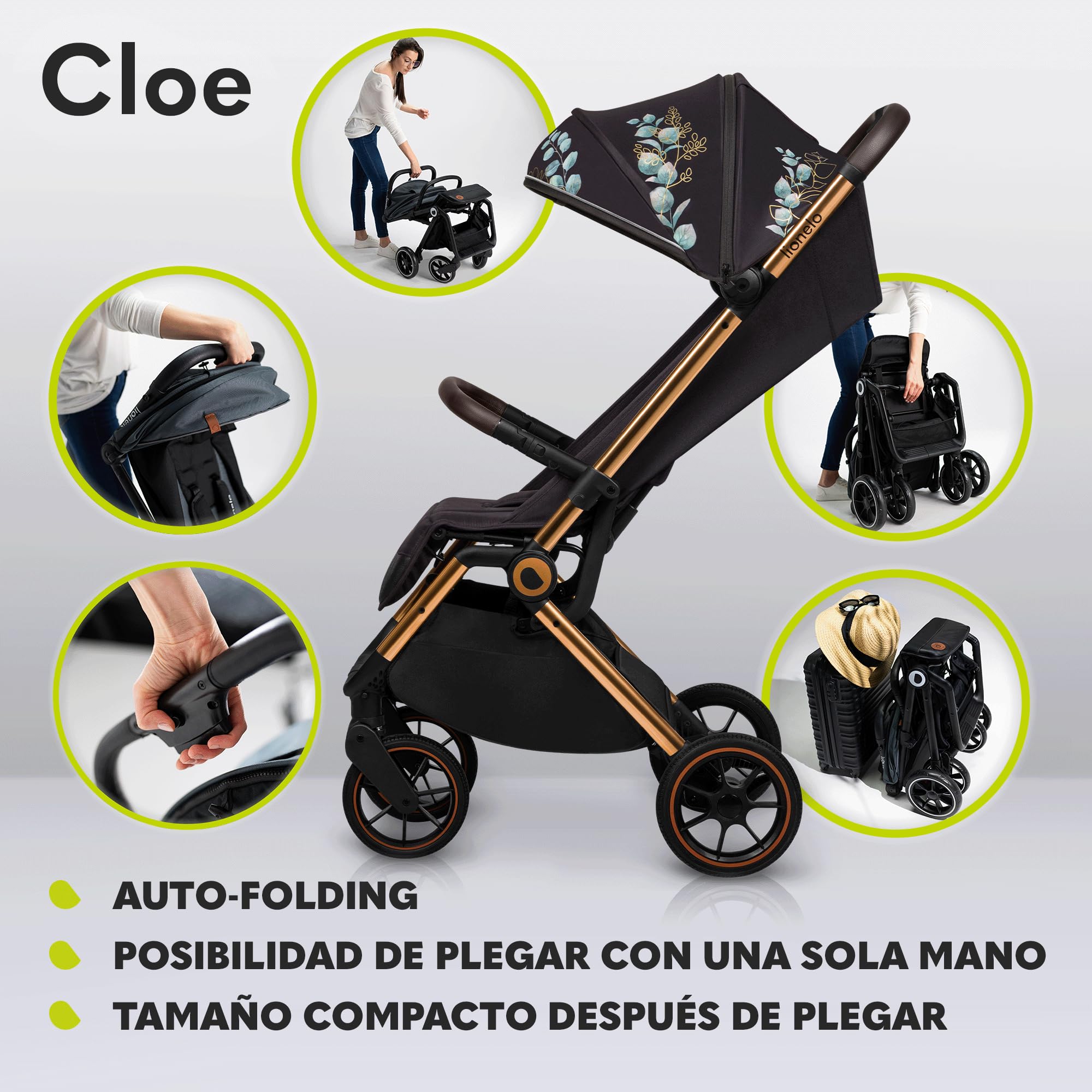 LIONELO Cloe Cochecito Plegable hasta 22 kg, Respaldo Ajustable Función Dormir, Arnés de 5 Puntos Ruedas Portavasos Ligero Compacto Impermeable, sillita, silla paseo ligera (golden moments) | Plegado compacto, arnés de 5 puntos, respaldo ajustable, ruedas