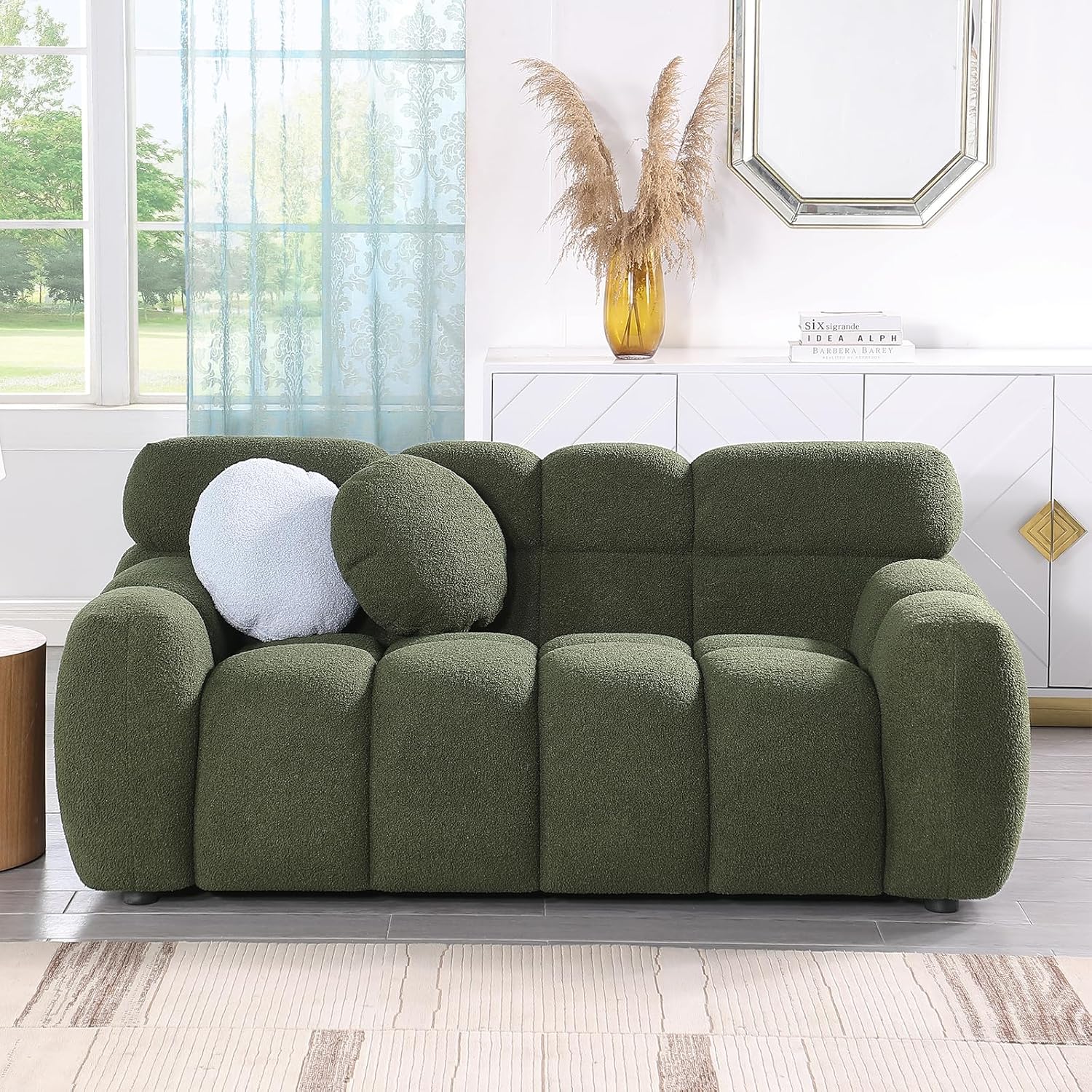 Boucle Sofa for Living Room, Cloud Couch with Solid Eucalyptus Frame & Cloud Pillow, Mid Century Modern Couch for Office Living Room Coffee Room (Green, 65"-Loveseat)