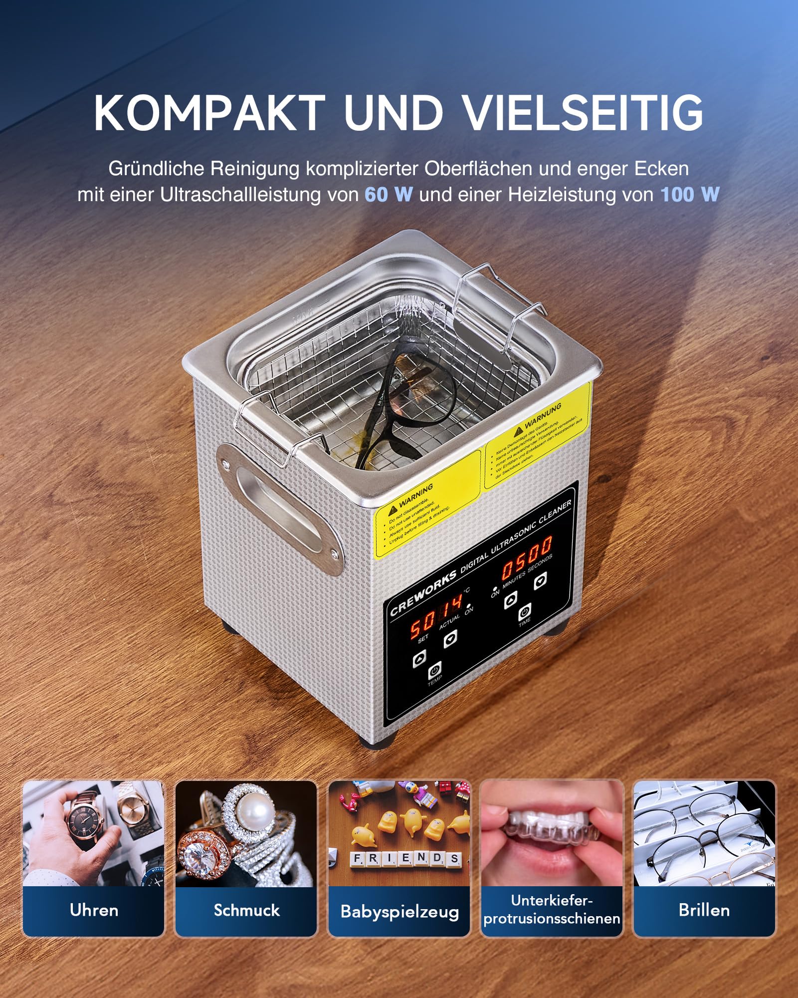 CREWORKS Ultraschallreinigungsgerät 2L (Echtes Volumen) Ultraschallgerät Ultraschallreiniger Edelstahl mit Heizung & Digital Timer für Brillen, Schmuck, Uhren, Zahnprothesen, Münzen, inkl. Korb
