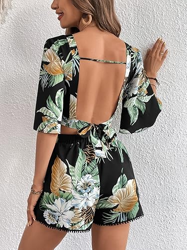 Miniatura 2 de SweatyRocks Conjunto de 2 piezas de blusa corta con nudo frontal y mangas de mariposa boho con pantalones cortos para mujer