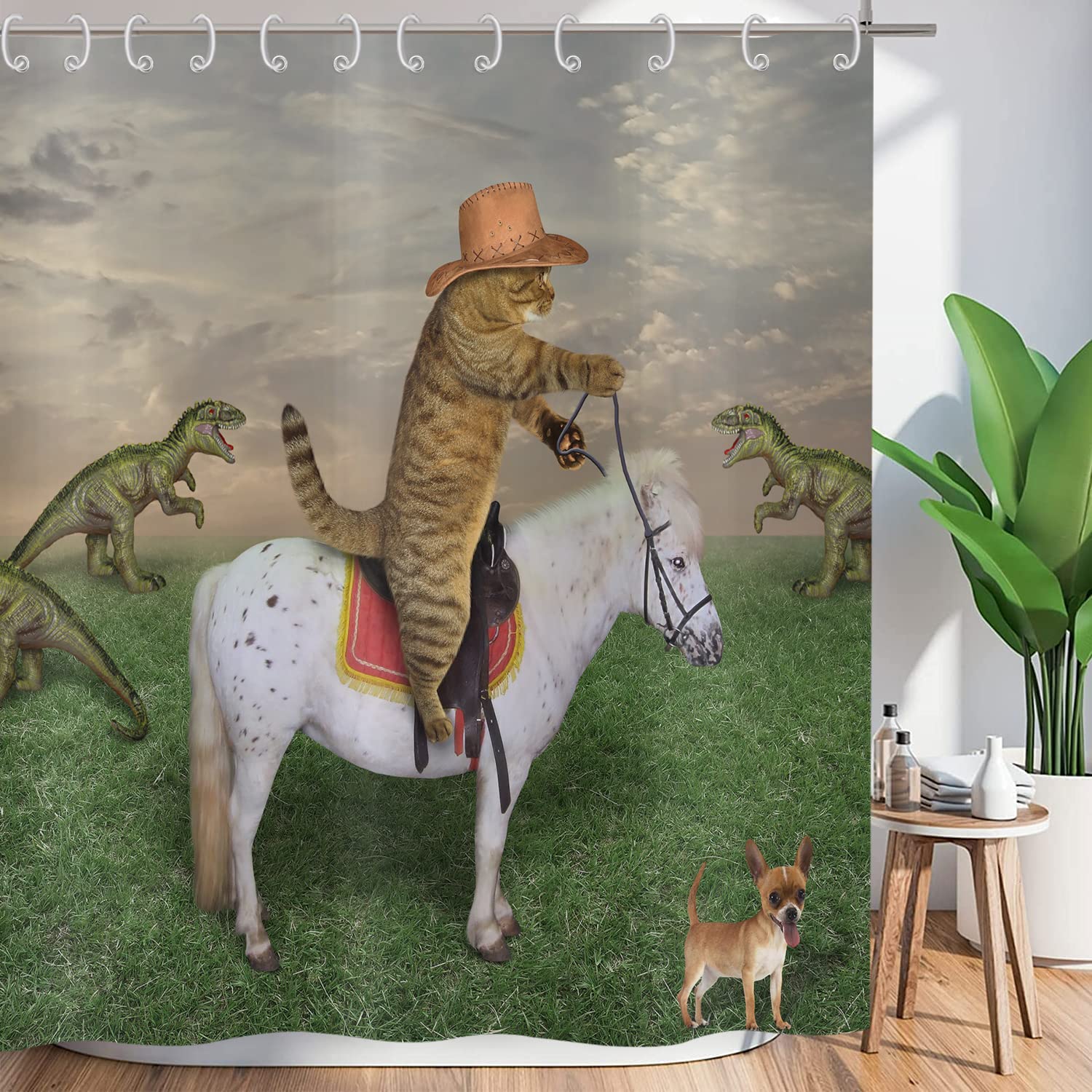 ASDCXZ Shower Curtain Funny 150x180 cm, West Cowboy Farm Funny Cat Ride Horse Washable Textile Bathroom Curtains Polyester Waterproof Shower Curtains for Bathtub with 12 Shower Curtain Hooks — image 1