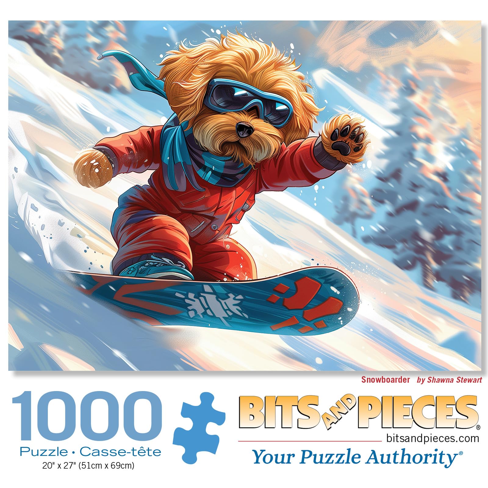 Bits and Pieces Jigsaw Puzzles for Adults Snowboarder, Winter Dog - Random Die Cut, No 2 Pieces Alike (1000 Piece Puzzle)