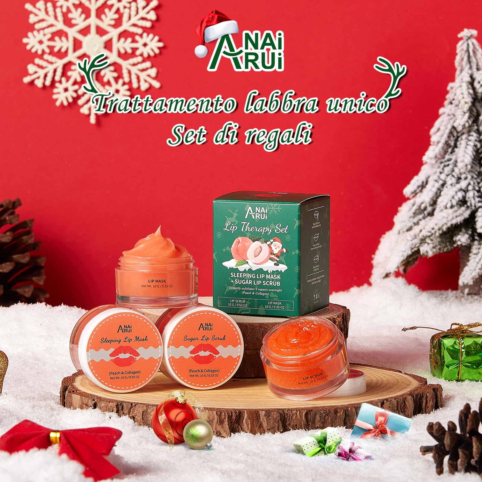 ANAiRUi Set Idee Regalo Natalizio, Set maschera labbra ed esfoliante al pesca + collagene, appositamente formulati per labbra secche, screpolate e desquamate