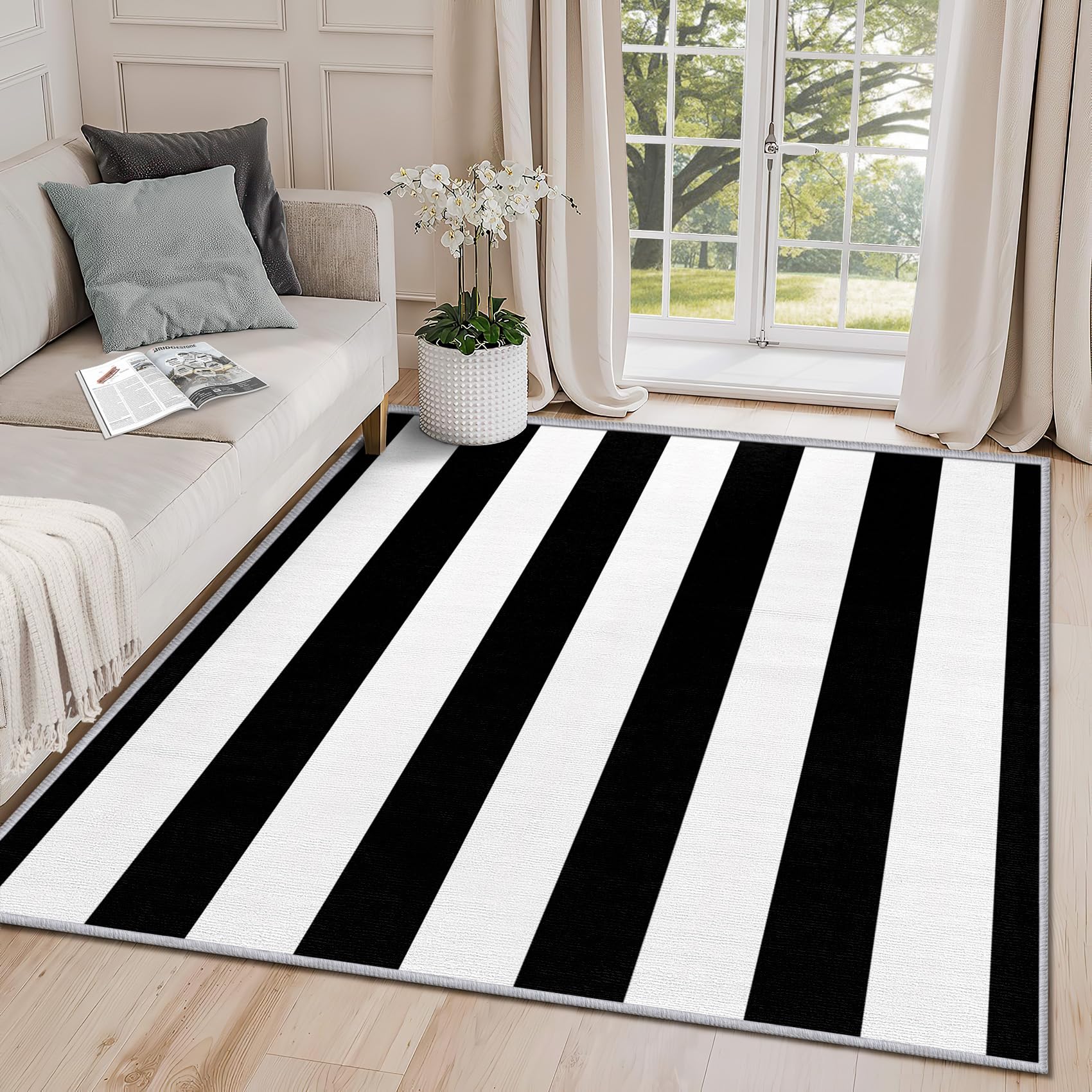 Clofmor Small Mats and Rugs Indoor - Striped Rugs for Bedroom, Black and White Stripes Washable Non Slip Entrance Rug Room Decoration, 60x90cm, Nautical