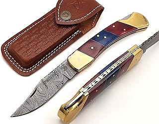 SS SMART & SHARP SPORTS INC Custom Handmade Damascus Steel Pocket Knife AR-17428 (Red and Blue Colored Bone) (Red)