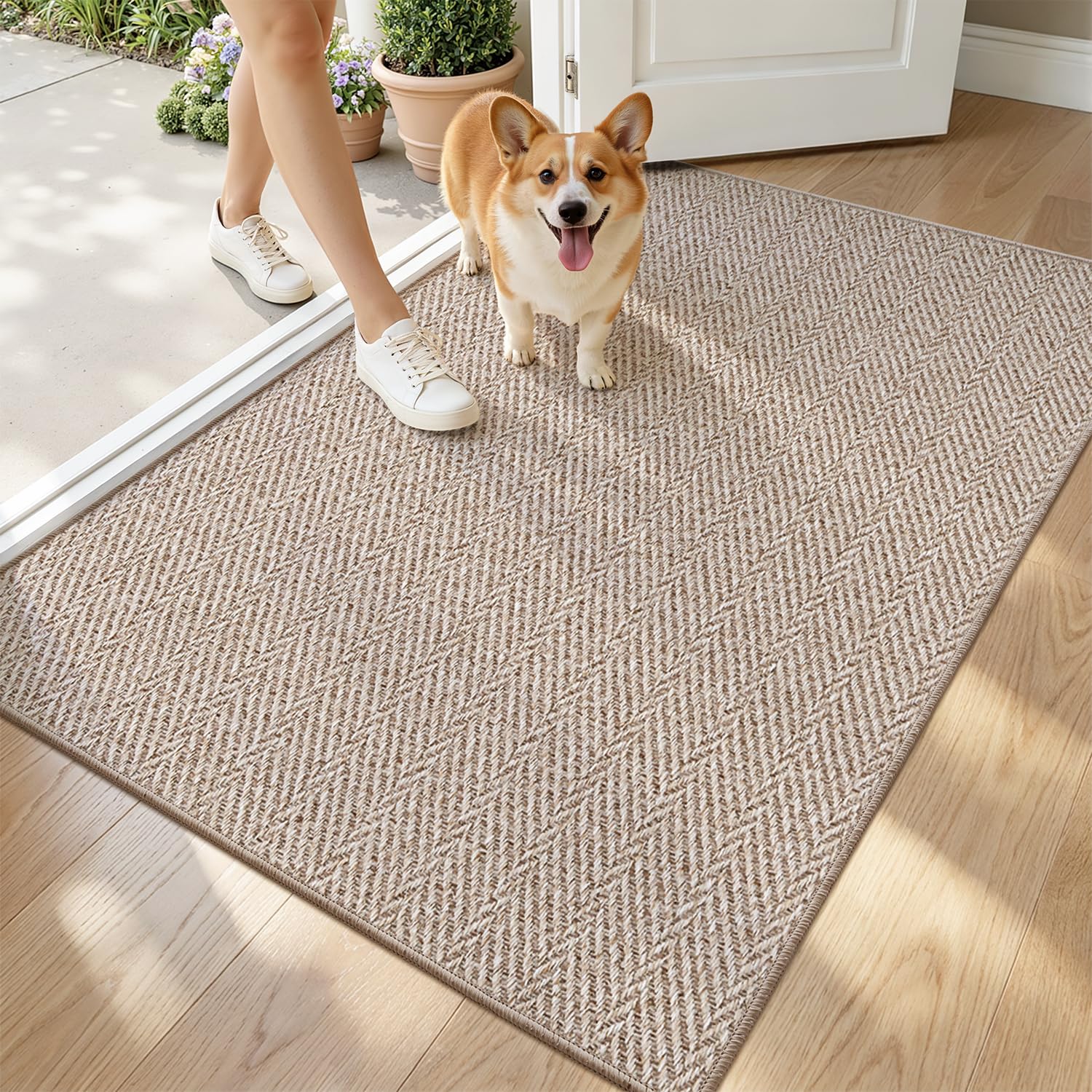 LUMI Ultra Thin Indoor Door Mat for Entrance 32"x48", Non Slip Entryway Mat, Low Profile Doormat, Unique Herringbone Design Carpet for Inside, Patio, Porch, Dark Beige