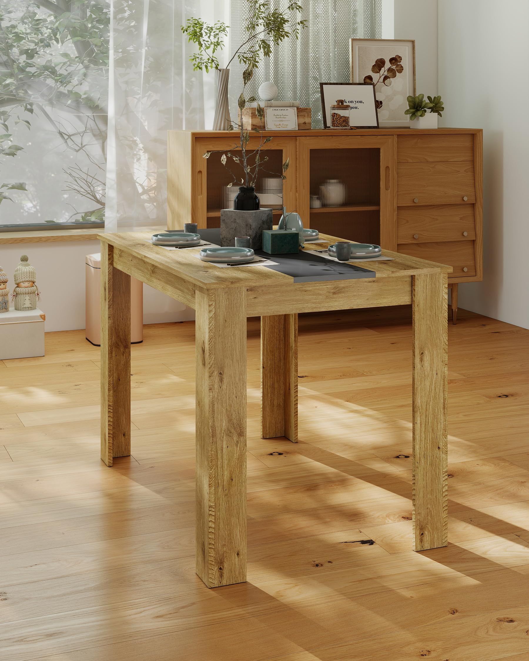 Tavolo da Pranzo Rovere Rettangolare Tavolo Cucina 110×70×75cm | Fascia centrale nera e gambe a forma di L con bordo spesso per uno stile industriale e una struttura stabile ogni giorno