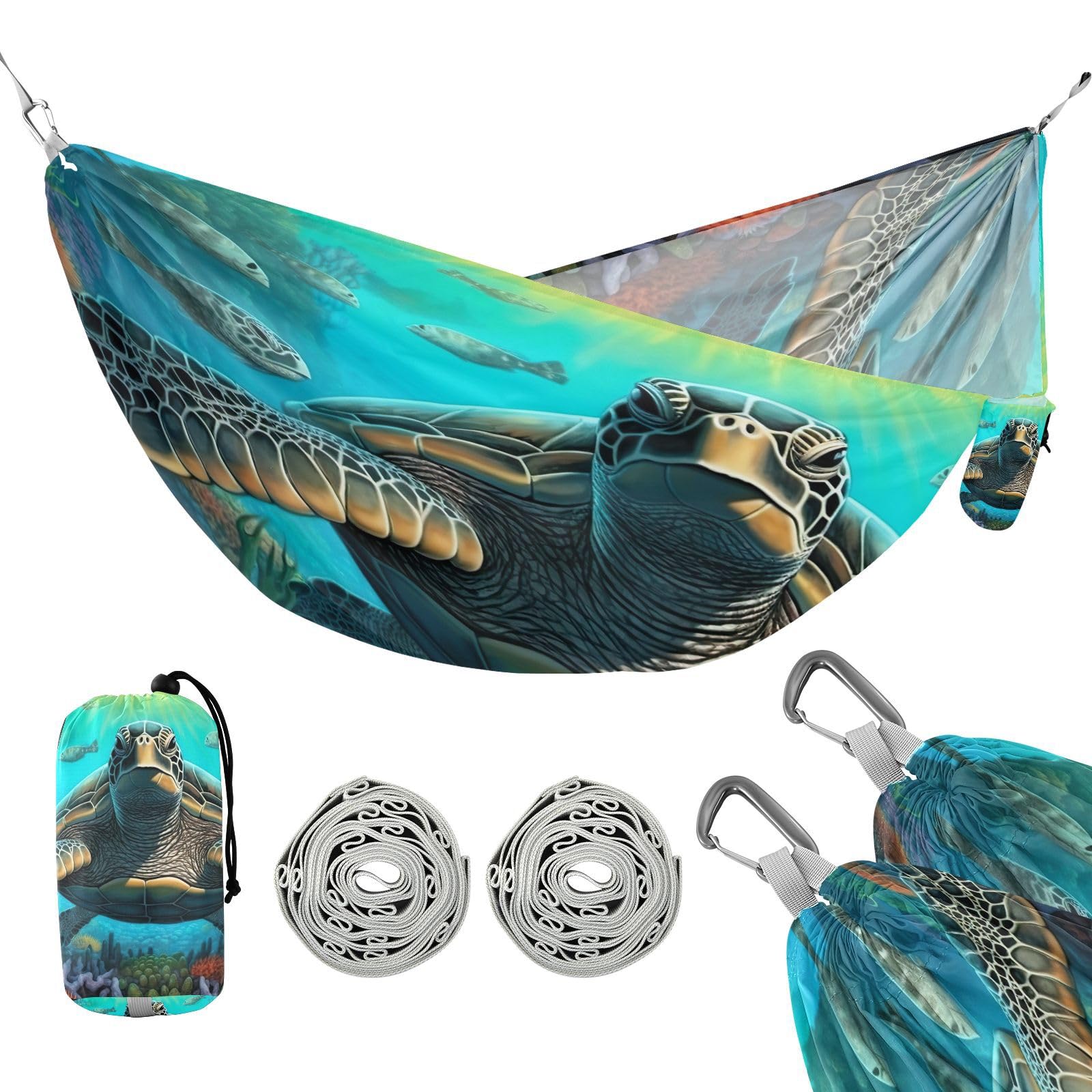 Haskirky Green Sea Turtle Camping Hammock, Single Portable Hammocks with Tree Straps & Attached Carry Bag, 330Lbs Capacity Perfect for Outside Indoor Hiking Beach Backpack Travel