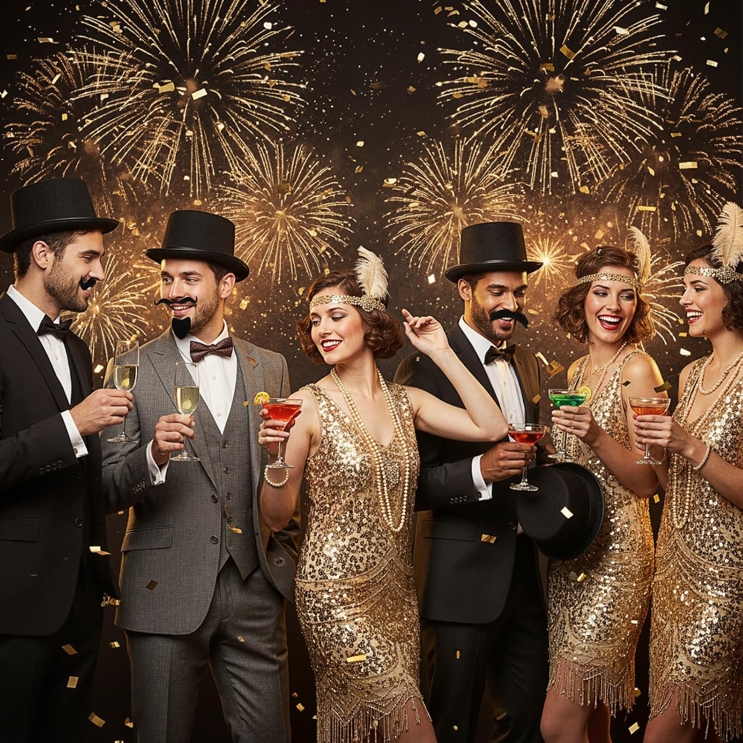 Hicarer 6 Pcs Black Felt Bowler Top Hats One Size for Men with Self-adhesive Fake Mustaches for Snowman Costumes, Men & Women Cosplay, Halloween