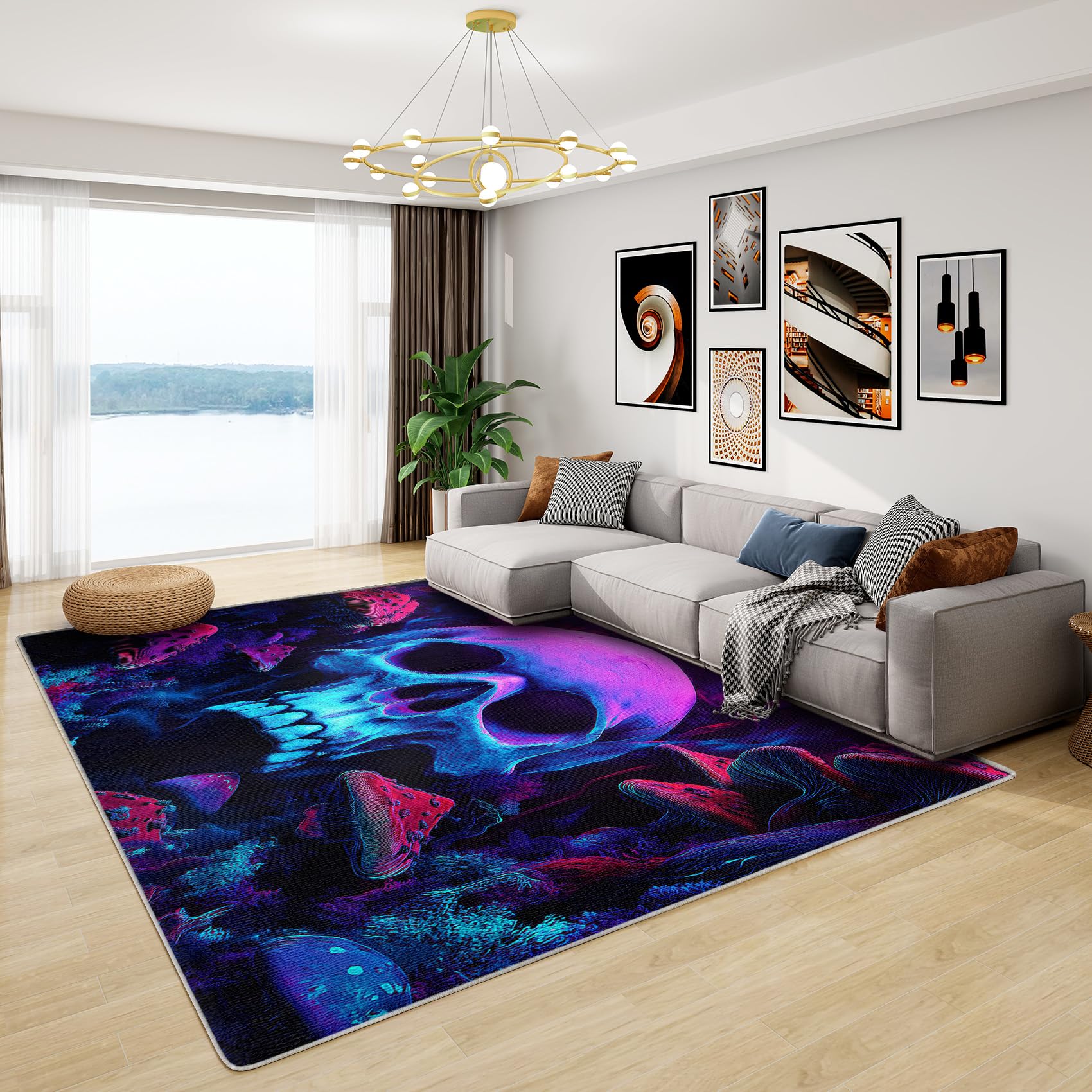 Skull Rugs for Living Room - Neon Skull Rug, Psychedelic Magic Mushrooms Rugs for Living Room Bedroom, Washable Non Slip Soft Large Carpet, Patterned Area Rugs & Home Decor 120x170 cm