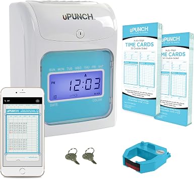uPunch FN1000 Smart Time Clock System for Small Business Auto Align Punch Clock with Free Mobile App for Digital Time Card Management and Payroll