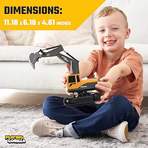 Miniatura 6 de Excavadora de juguete a control remoto para niños, mini excavadora RC de metal con baterías recargables adicionales, juguetes de construcción a