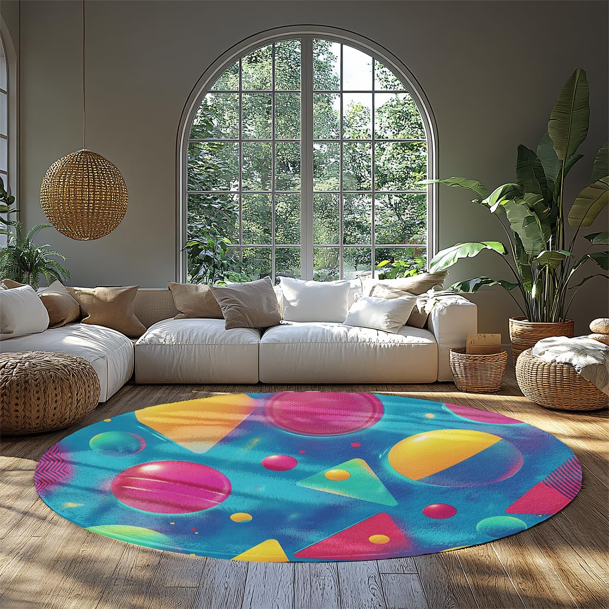 Tapis de sol lavable en machine rond et antidérapant style géométrique rétro