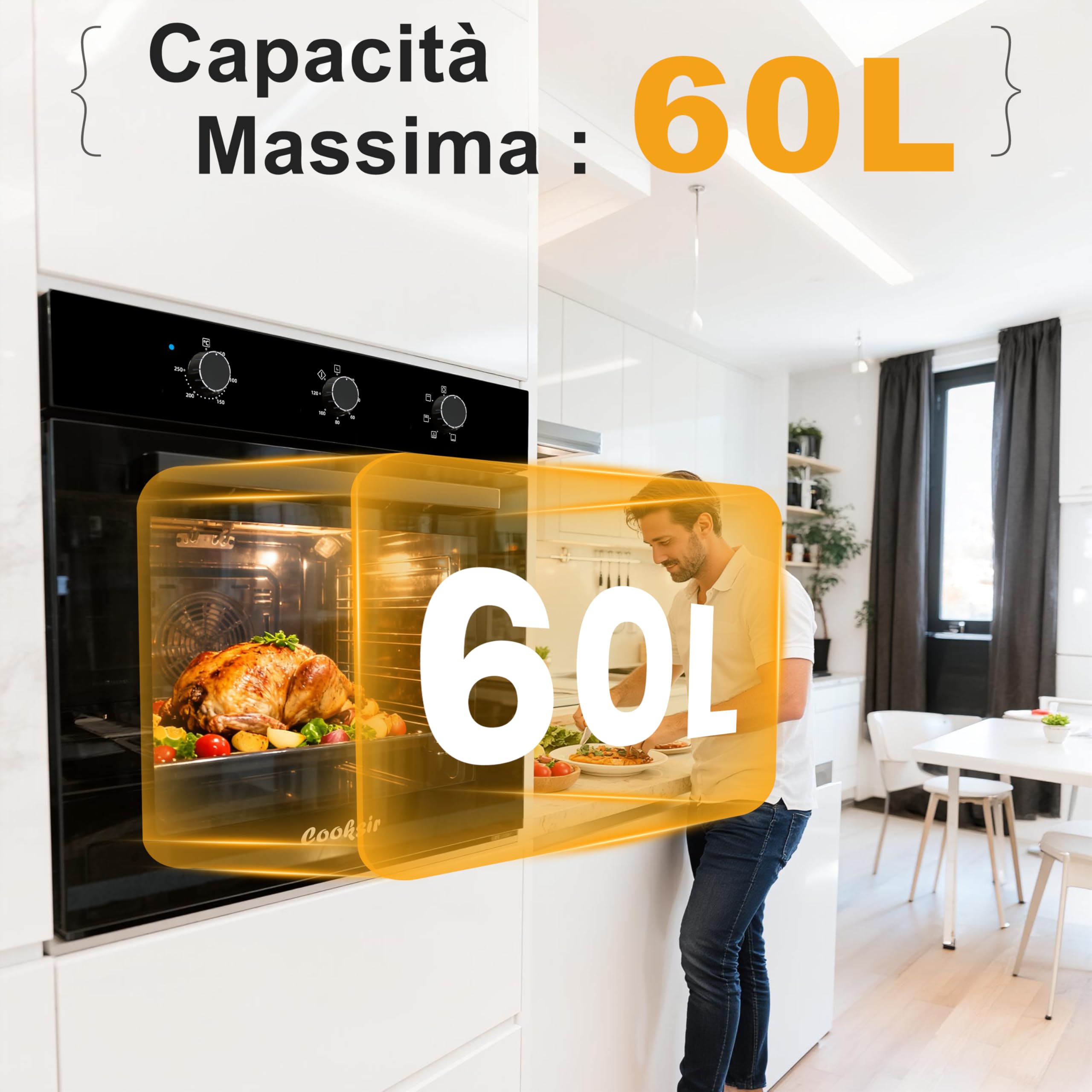 Forno da incasso 60CM, Forno Capiente da 60 Litri con Spina, 2200W, 6 Funzioni, Manopola Meccanica, Timer da 120 Minuti, Ventilatore Posteriore, 230V, 50Hz