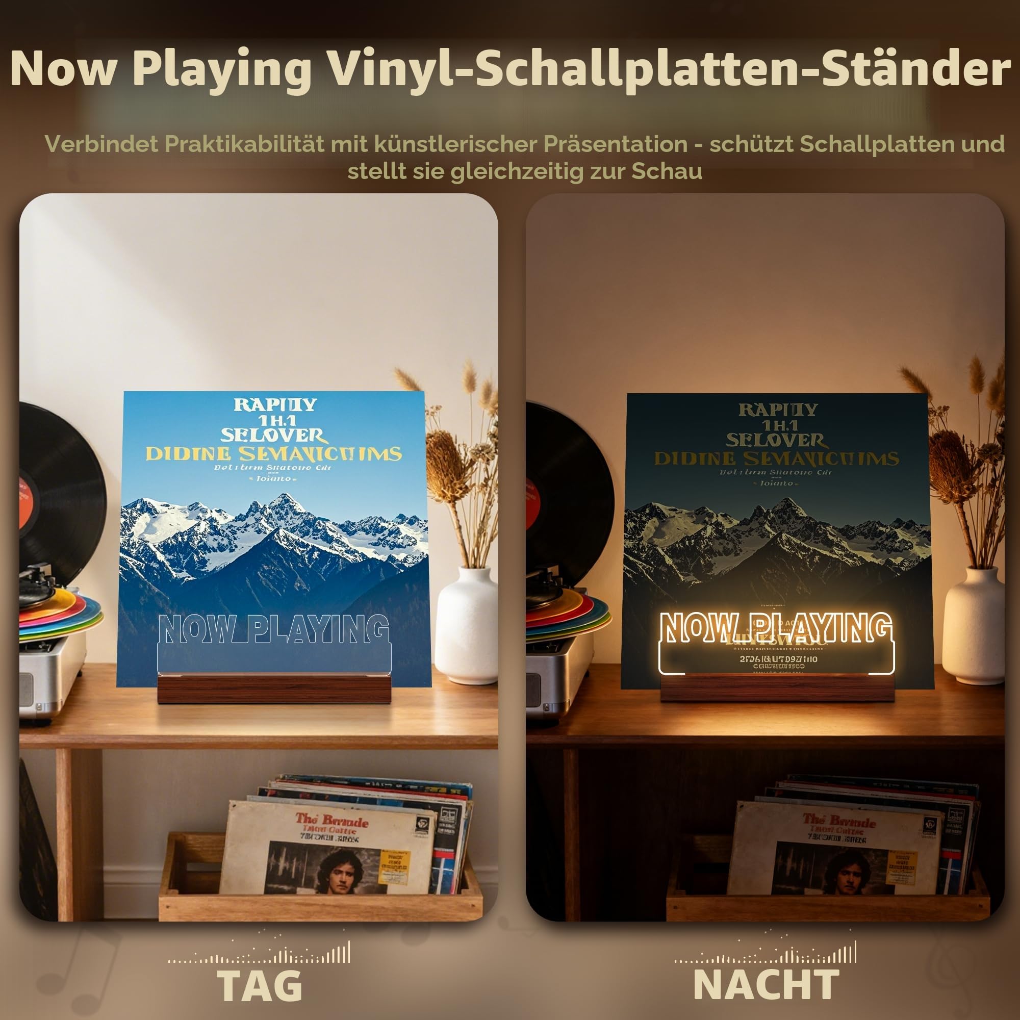 YuanDian Vinyl-Schallplattenständer, beleuchteter Displayhalter für Schallplatten, Holz-Acryl-Halter mit warmem Licht für Album-Display-Aufbewahrung, Heimschreibtisch-Dekor für Musikliebhaber