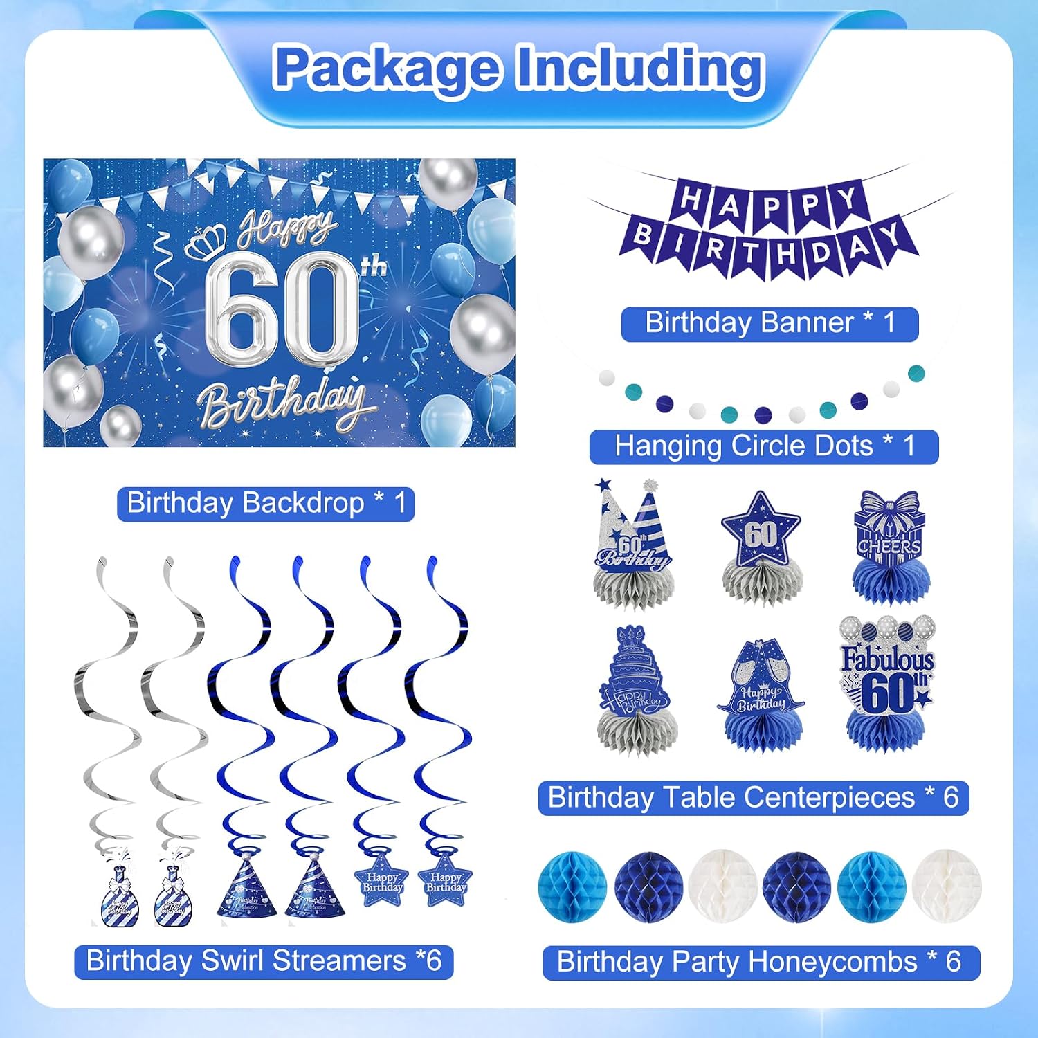 Happy 60th Birthday Party Decoration: Including Birthday Banner Backdrop, Party Table Centerpieces and Hanging Swirl Party Streamers, Birthday Decor for Men and Women (Blue, 60th Birthday)