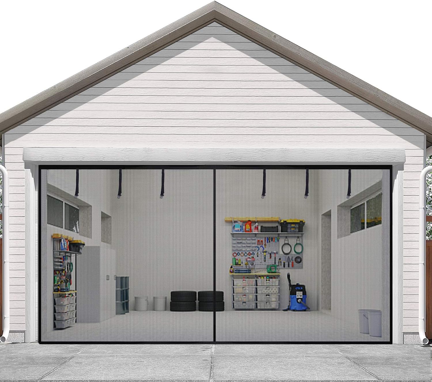 Sunolga Magnetic Garage Door Screen for 2 Car 16x7FT, Reinforced Fiberglass Magnetic Screen Door with 26 High Energy Magnets and 6 Strapping Tapes, Hands-Free Screen Door Mesh for Garage Door