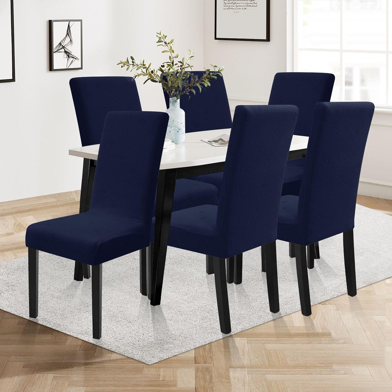 Dining Chairs Cover Set of 6,Chair Covers for Dining Room Stretch Parson Chair Slipcovers Removable Washable Kitchen Chairs Seat Covers,Navy Blue