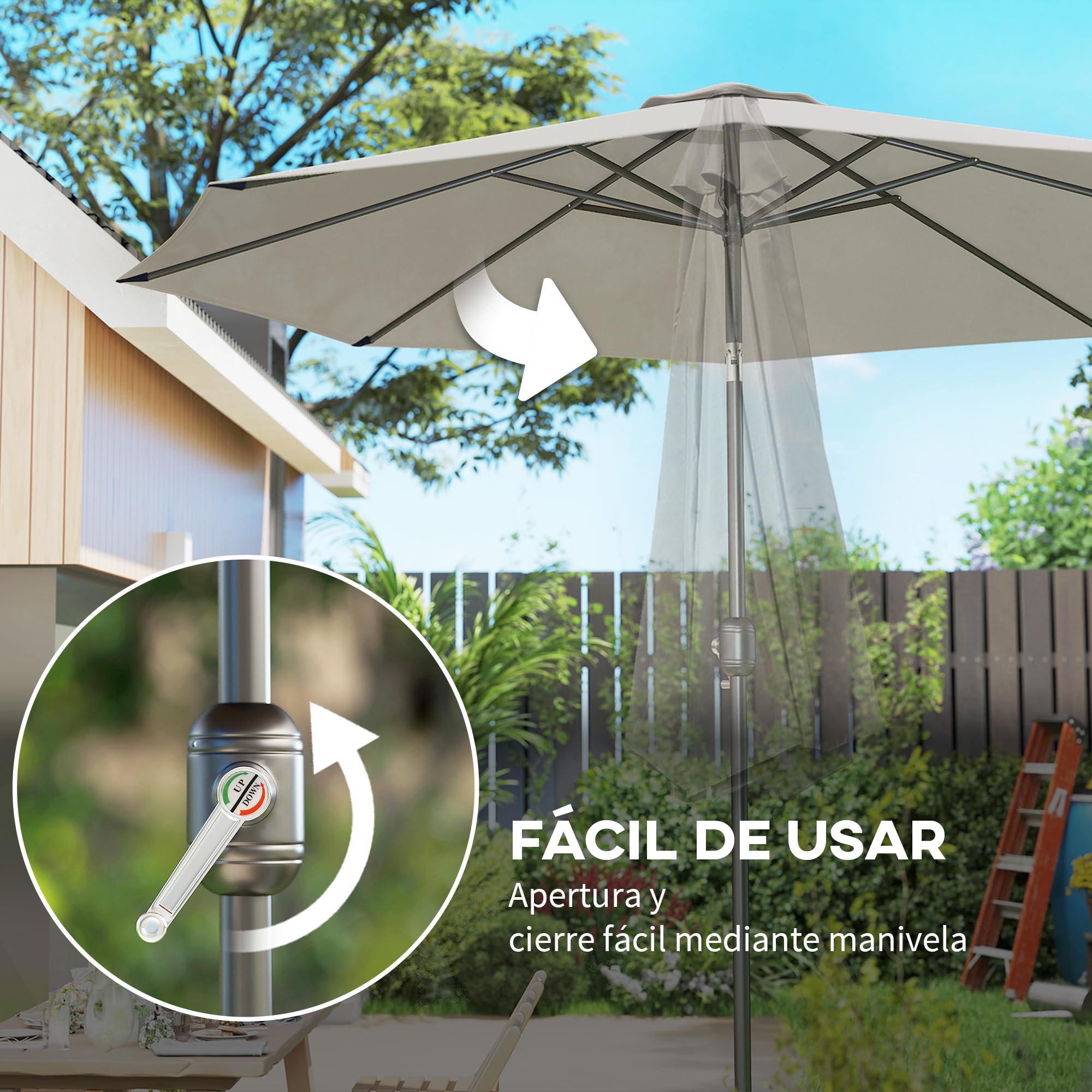 Outsunny Sombrilla de Jardín Ø300x250 cm con Manivela Parasol Exterior con Mecanismo de Inclinación y Poste Desmontable de Metal para Terraza Piscina Patio