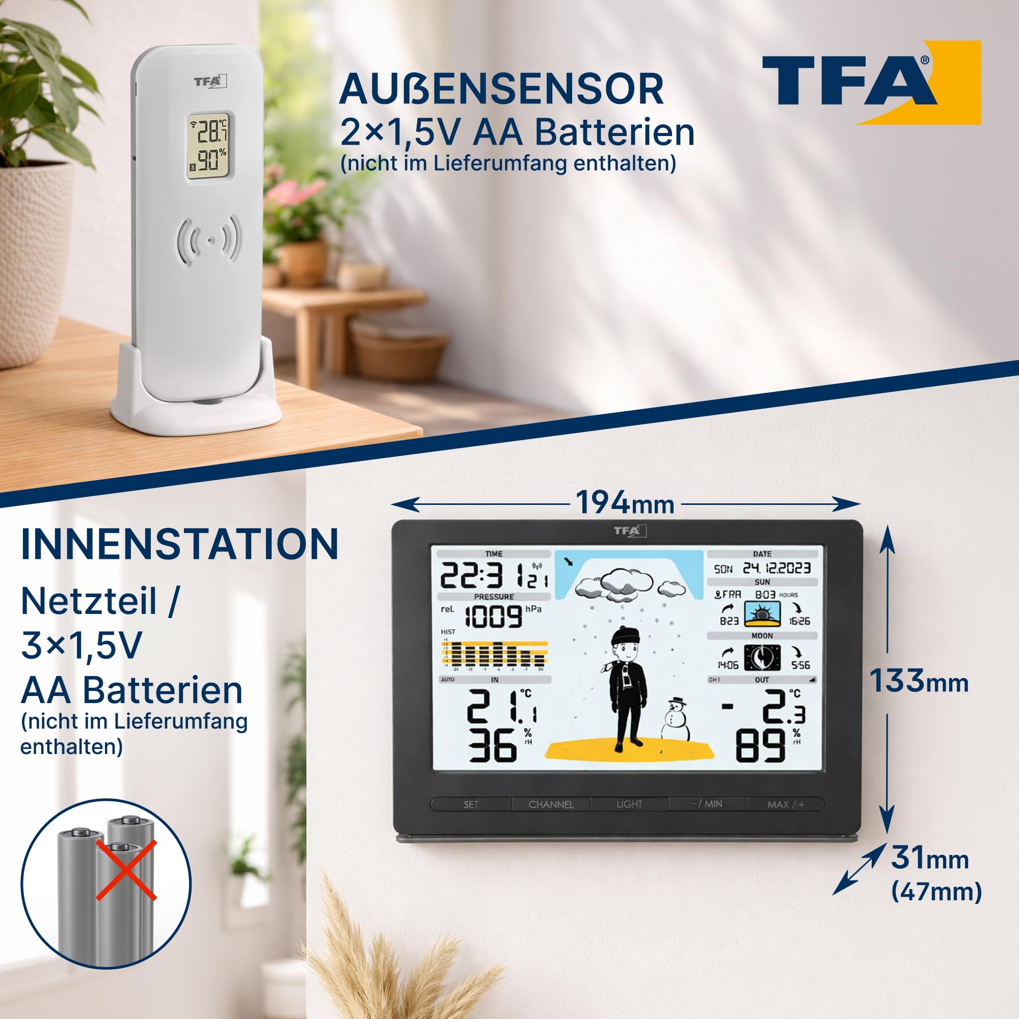 TFA Dostmann Funk Wetterstation METEO JACK, 35.1097.01, mit Außensensor, inkl Wettervorhersage mit Luftdruck, Mondphase, Sonnenaufgang- & -untergang, Funkuhr, Amazon Exklusiv, schwarz