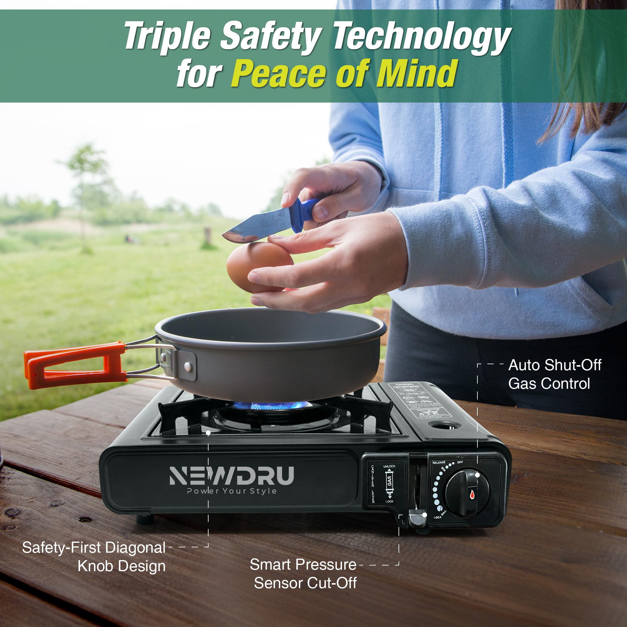 NEWDRU Portable Butane Gas Camping Stove (Without can) | Piezo Auto-Ignition, Adjustable Flame, Pressure Safety Cut-Off | Lightweight Steel Body, MSF-1a Compatible | FlameGuard Pro - Black 4