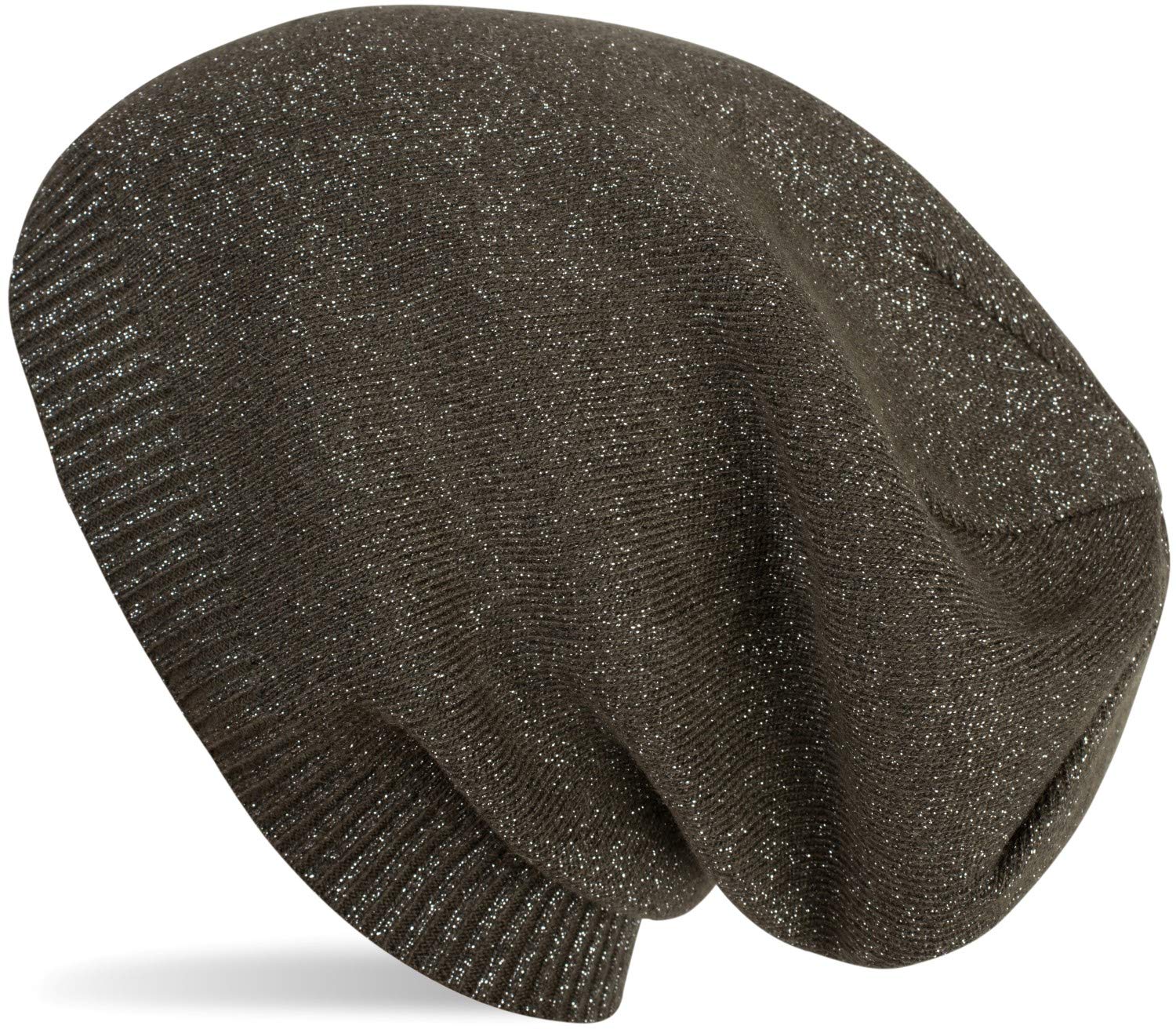 Stylebreaker Women's Olive Fine-Knit Beanie Hat With Glitter Fibres, Long Slouch Beanie, 04024142, Colour:
