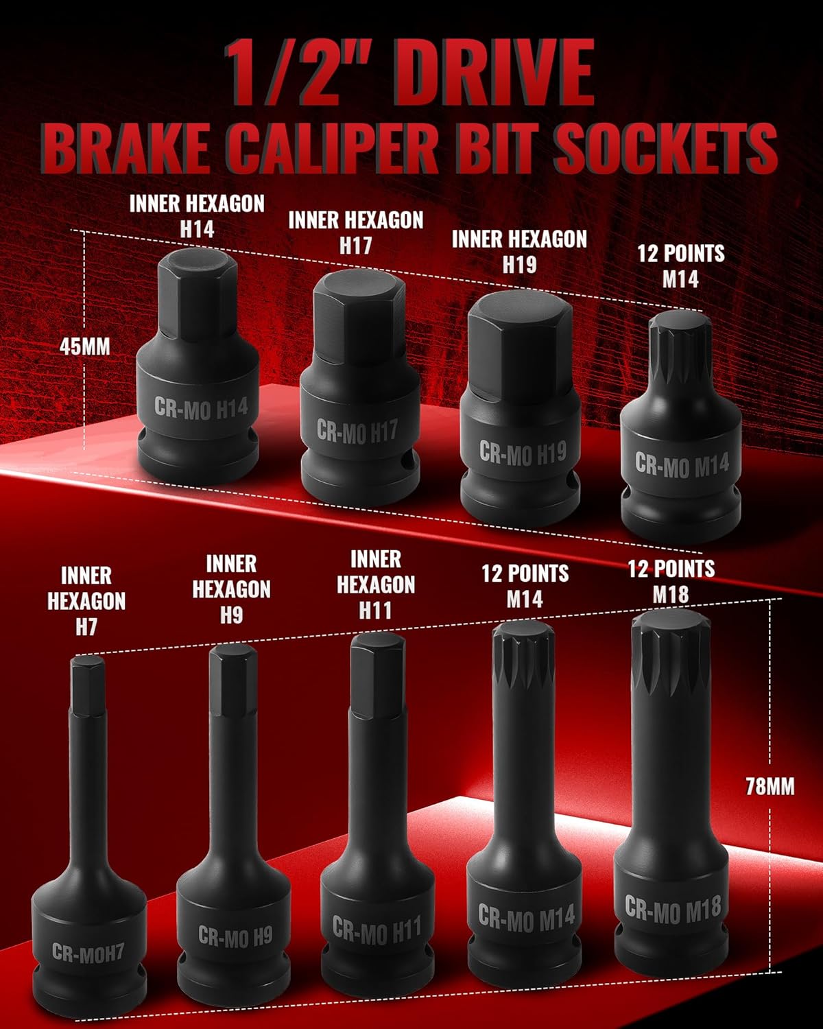 16-Piece Impact Brake Caliper Socket Set, 1/2" Square Drive Brake Adjusting Tool Kit Compatible with Audi Benz BMW Porsche Ford VW