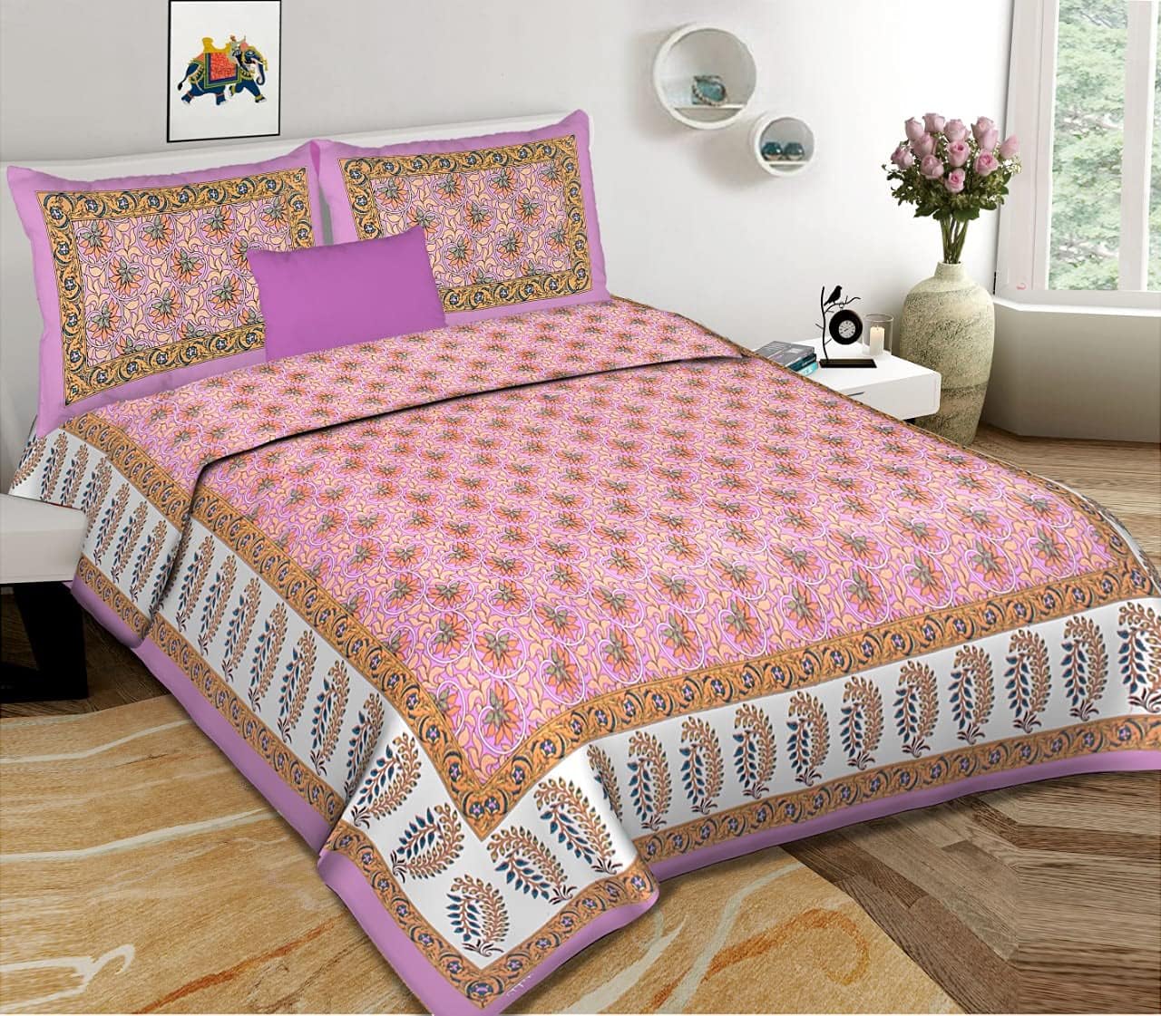 pcpari Creations Queen Size bedsheet 100x108 inch Size with 2 Pillow Cover, King Size, 100% Cotton (Multicolor-2)