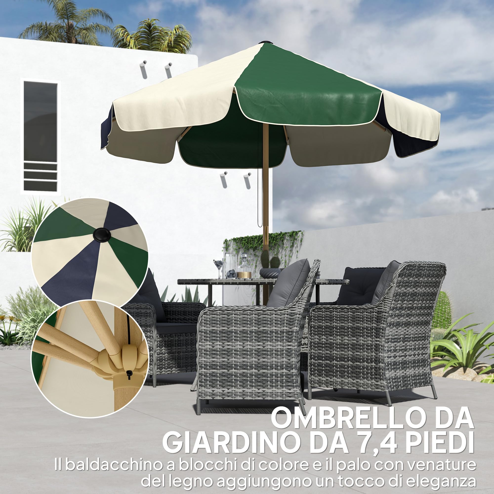 Outsunny Ombrellone da Giardino 8 Stecche UV 30+ Patio Verde Scuro e Crema | Telaio Effetto Legno, Tettuccio a Blocchi di Colore, Ombrellone da Esterno, Terrazzo, Balcone