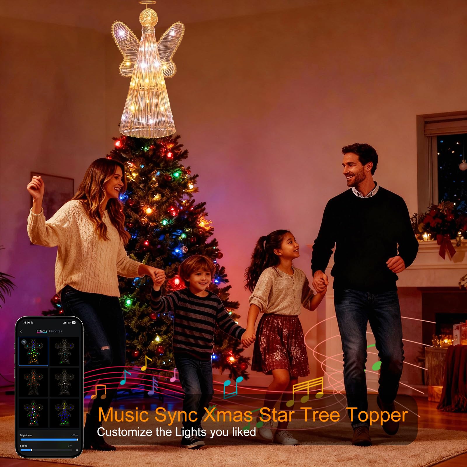 Estrella inteligente para árbol de Navidad, decoración de árbol de ángel de 12 pulgadas, 80 modos de iluminación, flash multicolor / sólido, aplicación y control remoto, sincronización de música