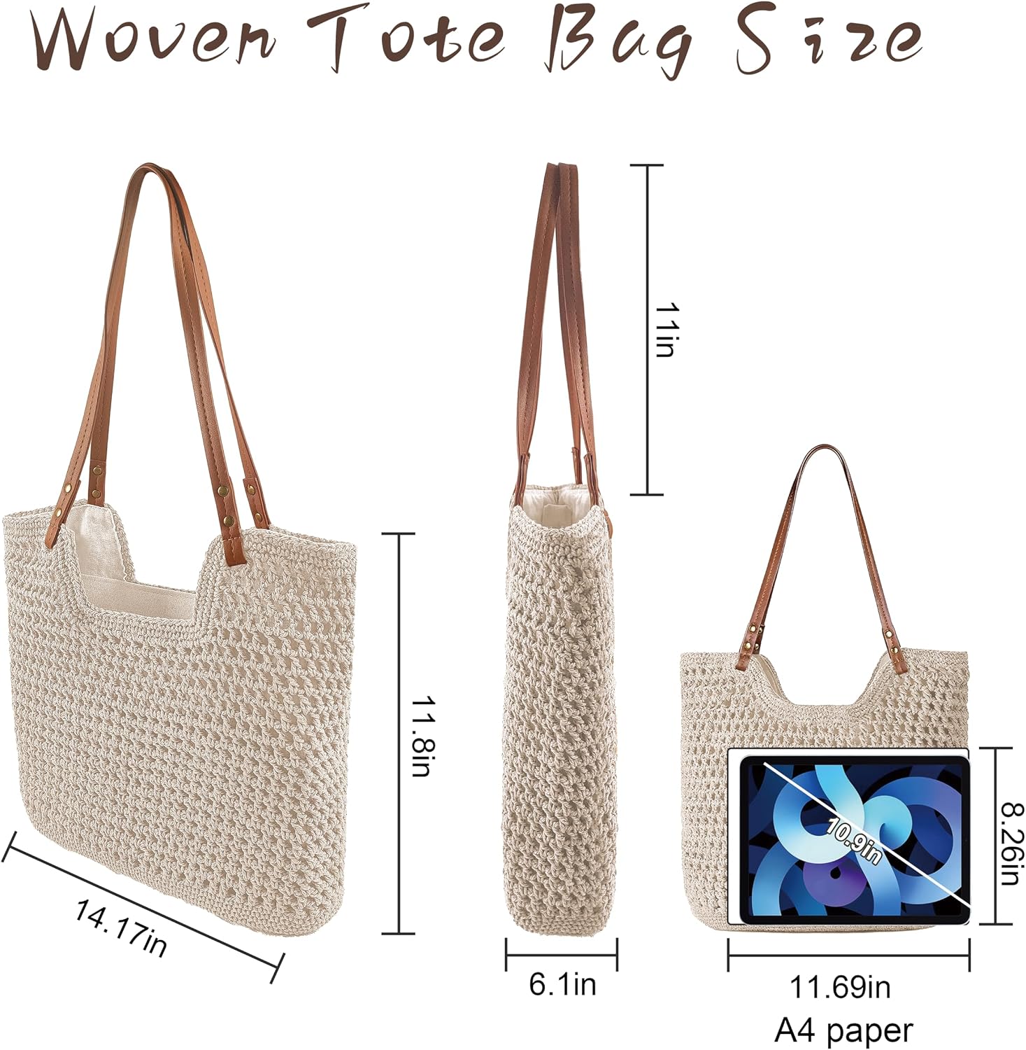 Crochet Beach Bag, Woven Tote Bag, Boho Bags for Women,Summer Purse with Zipper & Pocket