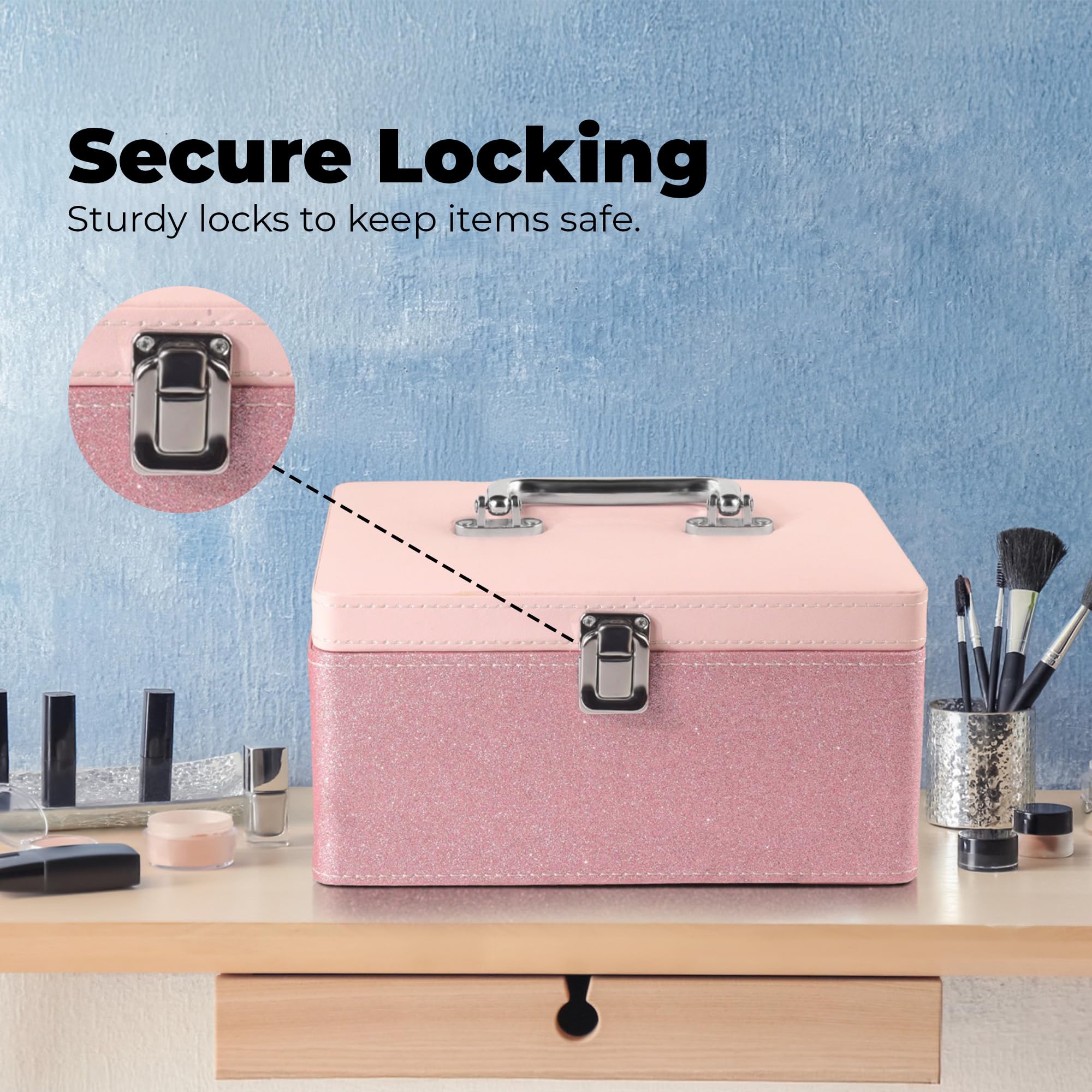 Makeup Box - Vanity Box for Women Bridal - Cosmetic Box Organiser, Durable, Stylish Finish for Home or Travel, Large Capacity Beauty Case for Brushes, Lipsticks & Skincare, Pink - Image 2 thumbnail