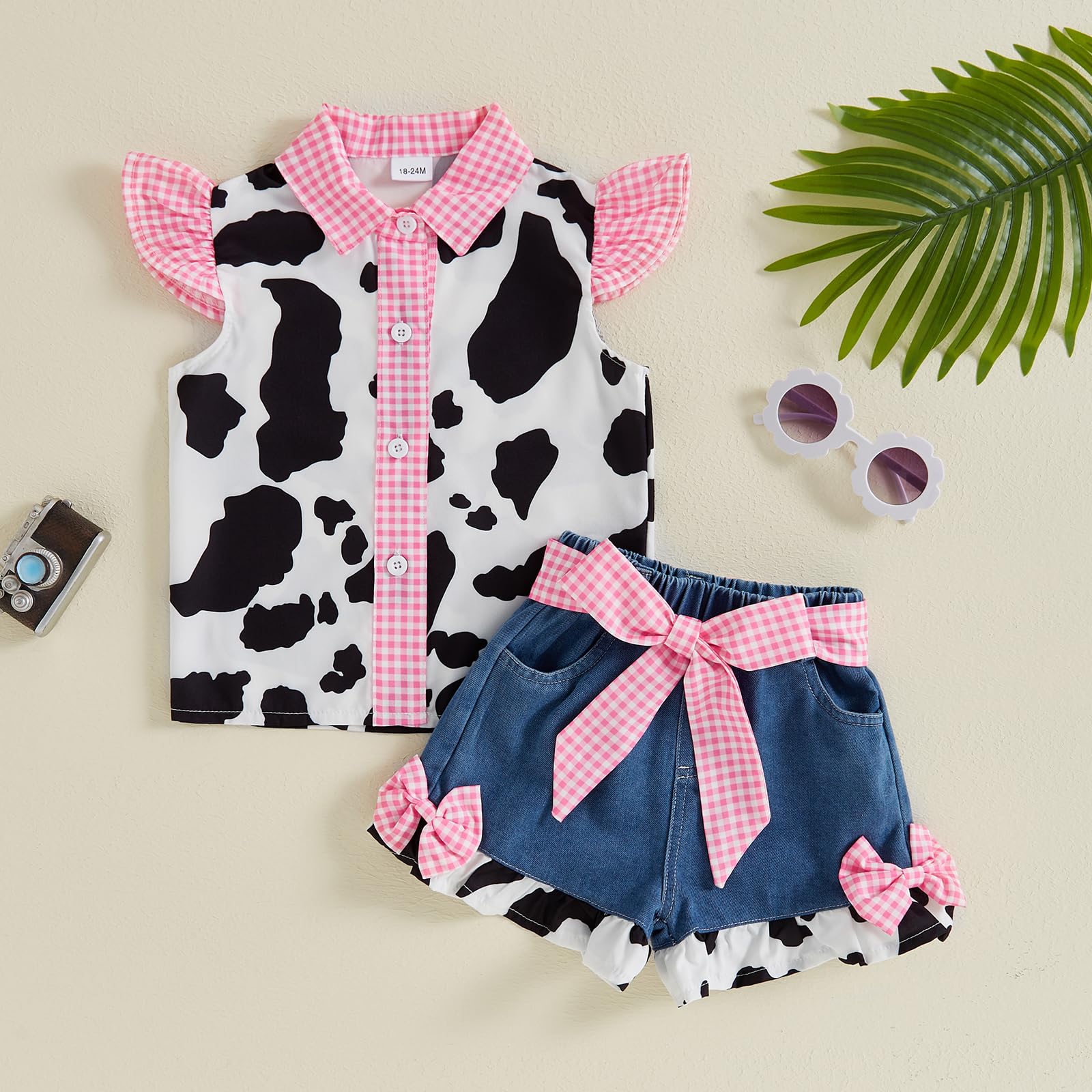 Western Baby Mädchen Denim Outfits Kuhdruck Rüschen Ärmel Knopfleiste Tops mit Schleife Weites Bein Jeans Shorts Set
