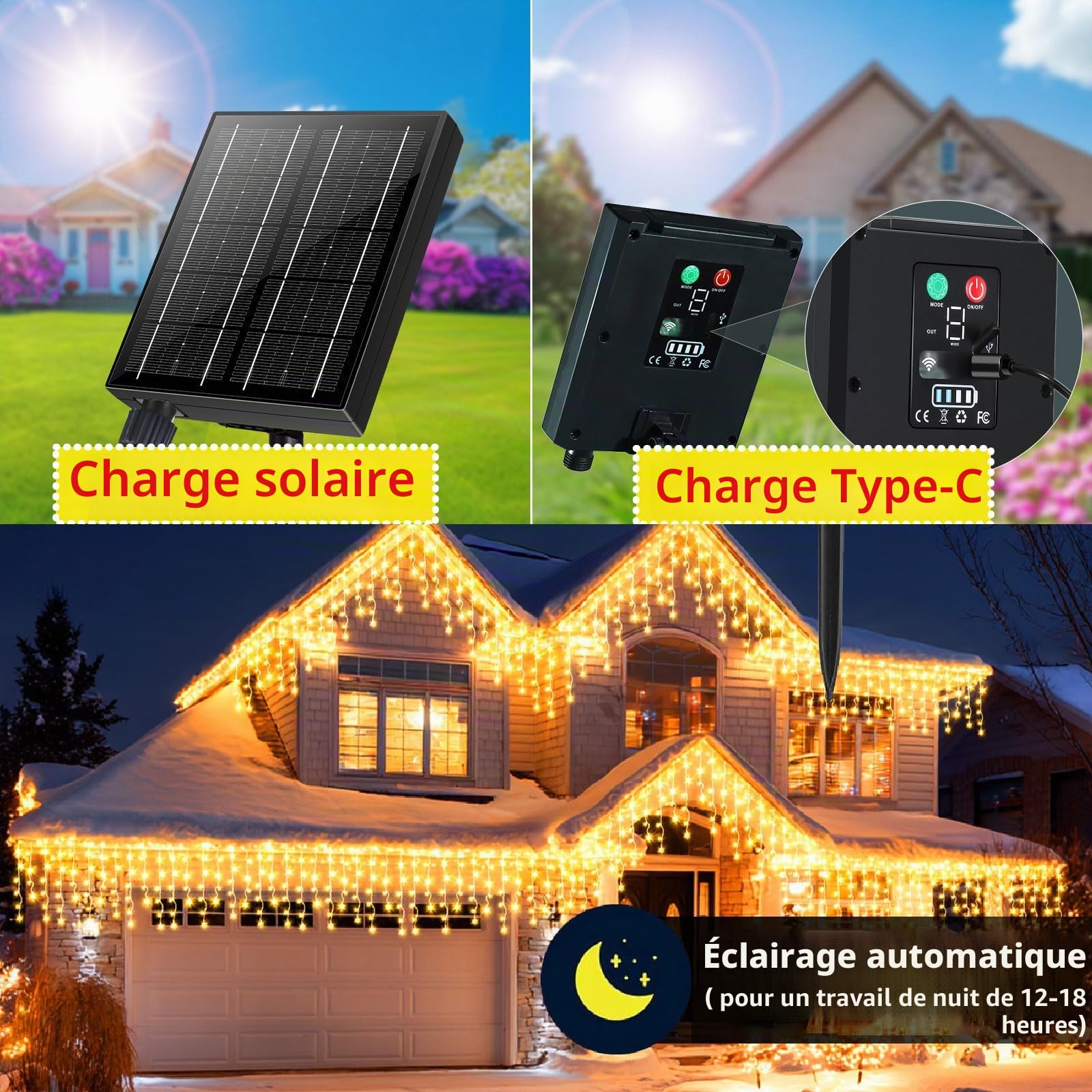 Tiandirenhe Rideau Lumineux Noel Exterieur, Solaire and Rechargeable, 25m 660 LED Étanche IP65, 8 modes et minuterie et mémoire - Éclairage de Noël extérieur pour Décoration de Balcon Jardin Fête
