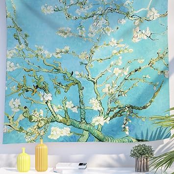 Berkin Arts Decor Tapestry for Wall Hanging Premium Polyester Fabric Backdrop Maximalism Teal Leaf Tree Botanical 51.2 x 59.1 Inch Almond Blossom by Vincent Van Gogh