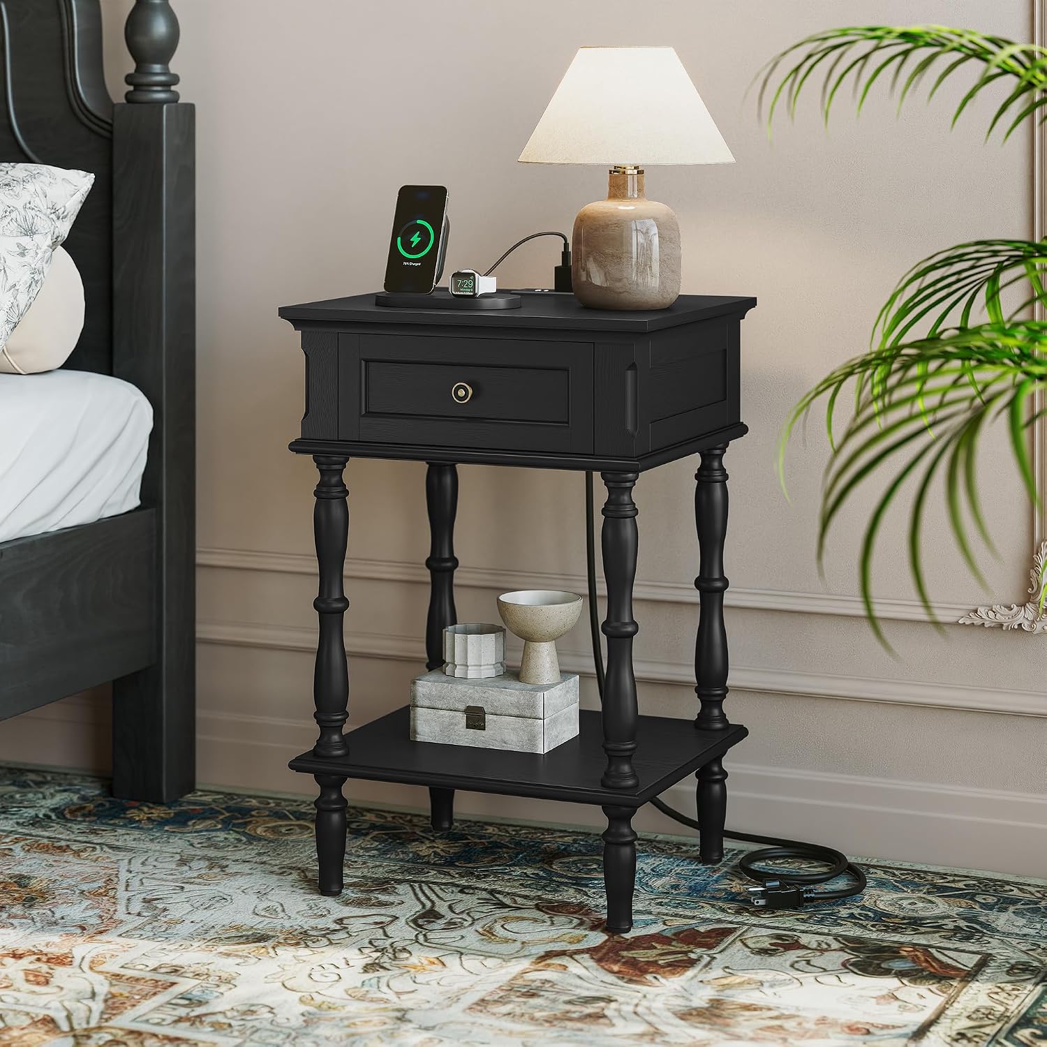 ARTPOWER Nightstand with Charging Station, Minimal Assembly, Retro Wood Night Stand, Tree-Veneer, Bedside Table with Storage Shelf, Black End Side Table for Bedroom, Small Space
