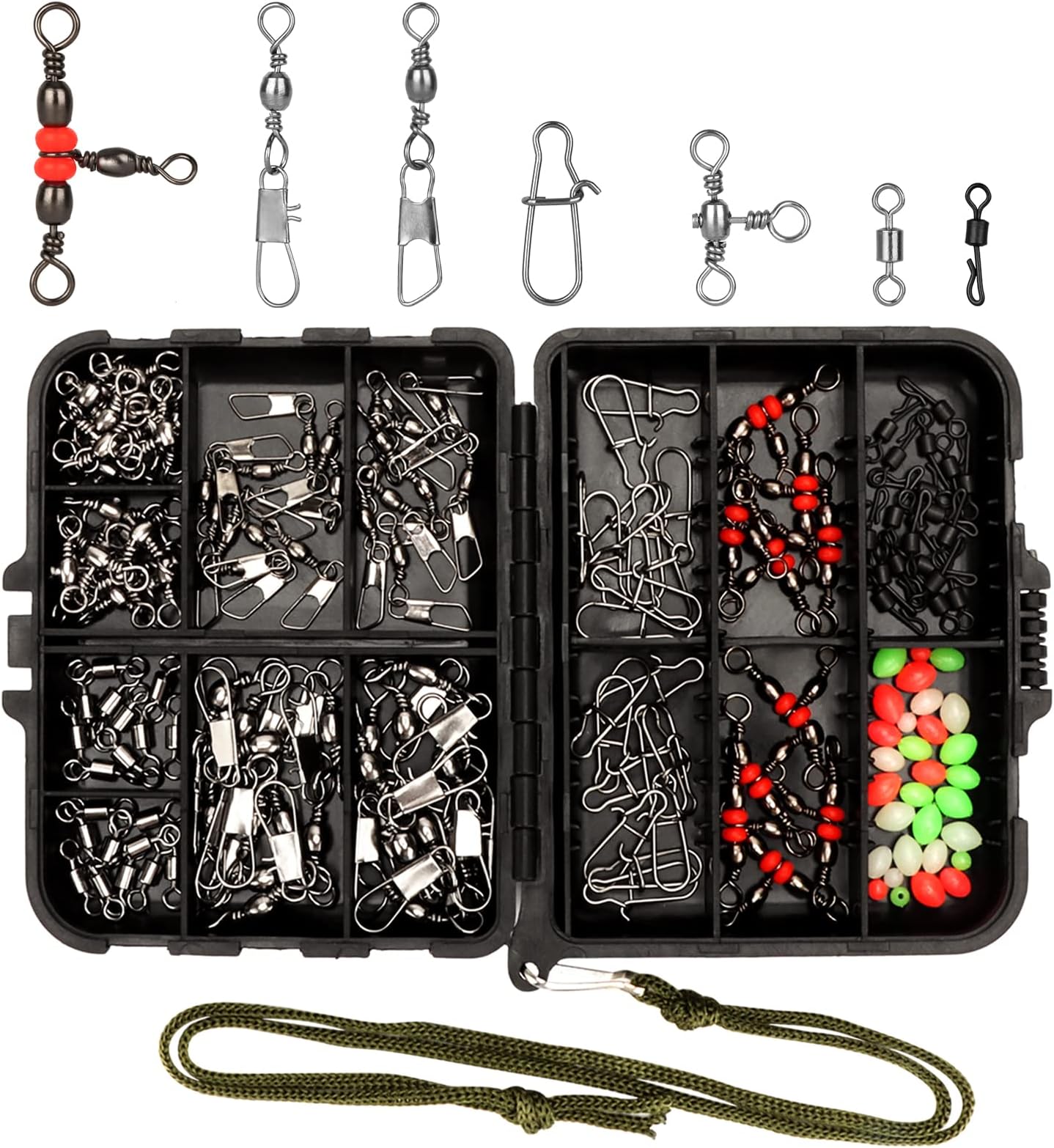 Realure 160Pcs Terminal Tackle Assortment Kit, Ball Bearing Barrel Swivels & Quick Change Snap Clips with Luminous Fishing Beads, Multi-Size Connectors for Carp, Coarse, Sea, Saltwater & Freshwater