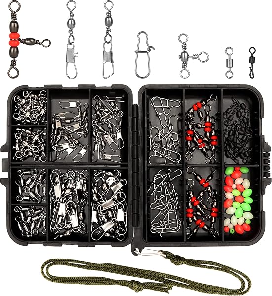 Realure Set di Accessori per la Pesca, 160 Pezzi, con assortimento di girelle a moschettone, per la Pesca, barile, Triple girelle da Pesca, per Acqua Dolce e salata - 1