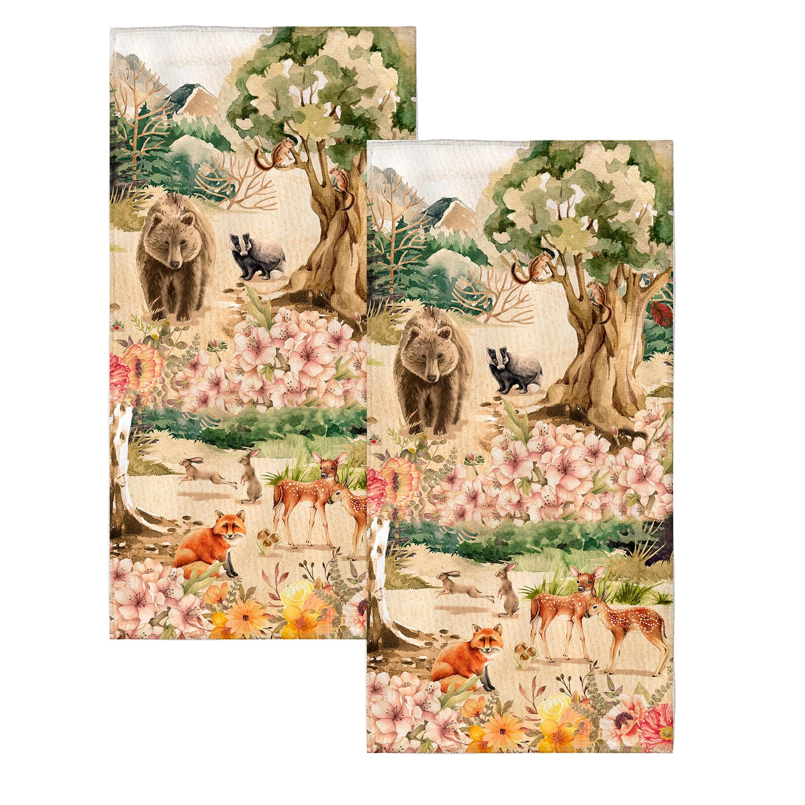 GZMQWVG Forest Animal Hand Towels,Set of 2 Brown Bear, Fox and DeerAbsorbent Soft Towel Gifts for Women Men, Funny Bathroom Hand Towels for Bathroom