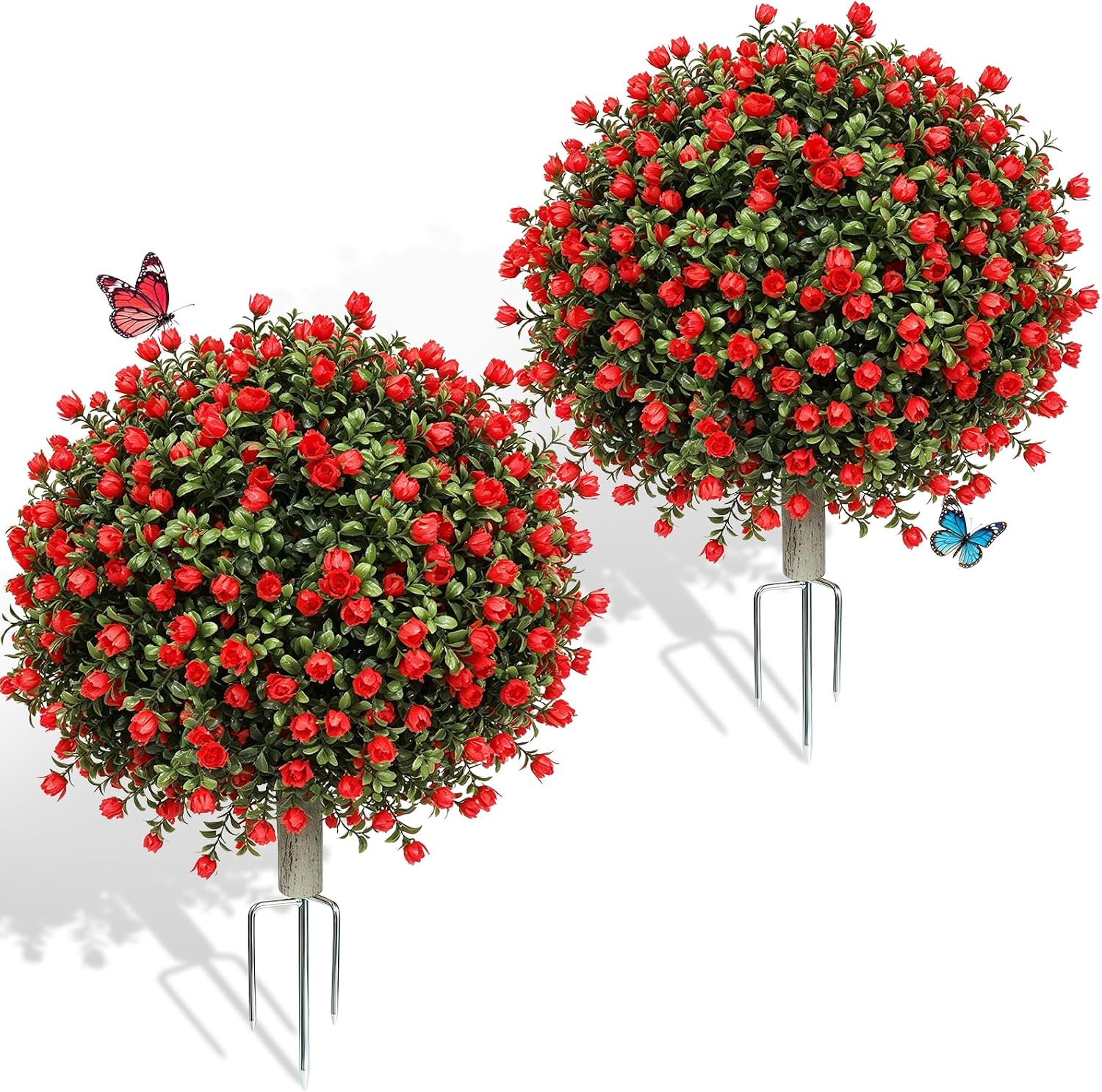 2 Pack Artificial Topiary Ball Trees, Fake Plants for Outdoor Indoor Artificial Shrubs with Ground Spike, UV Resistant Fake Bushes for Front Porch, Patio (Artificial Red Rose Flowers Tree)