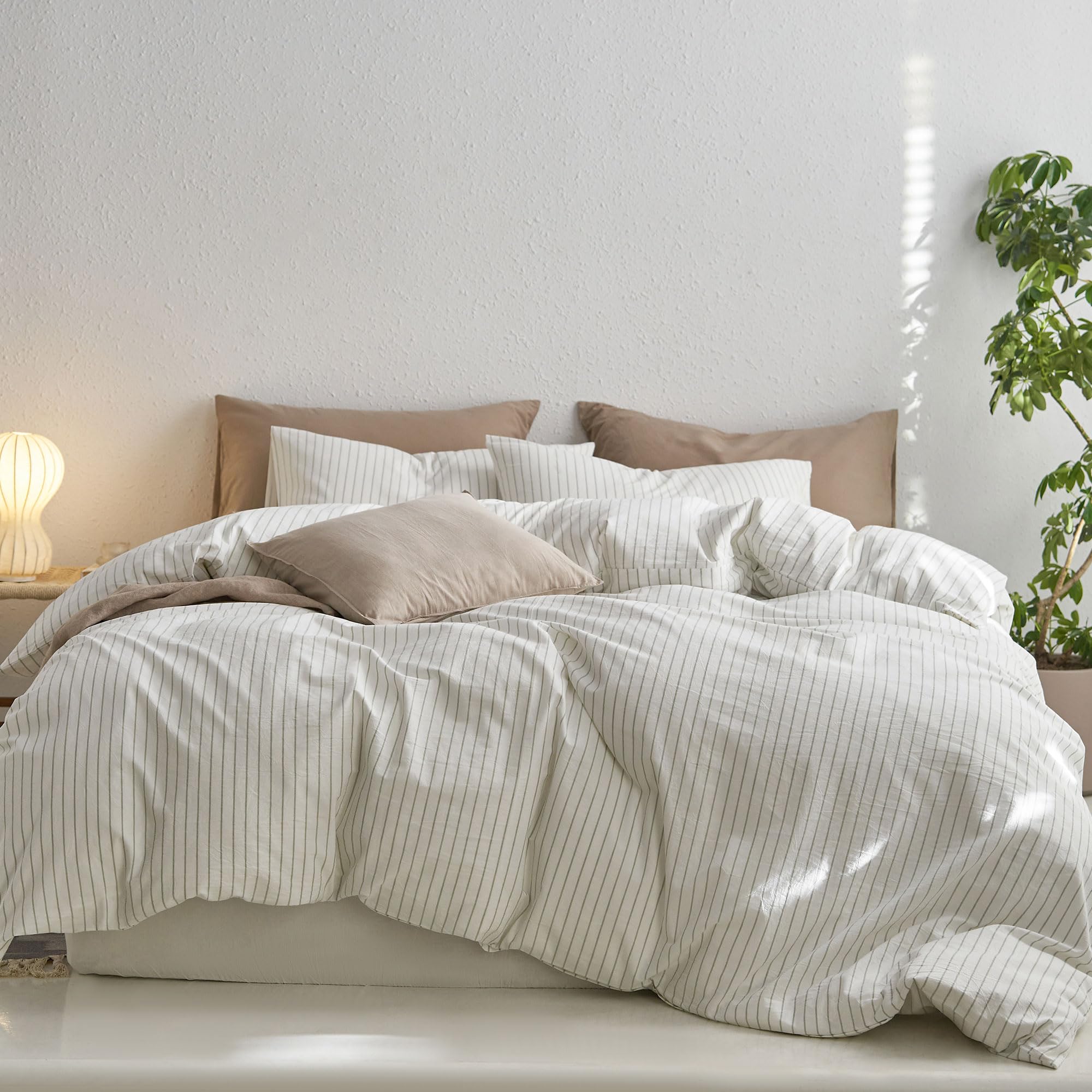 MooMee Striped Duvet Cover Set 100% Washed Cotton Linen Like Textured Breathable Durable Soft Comfy (White Sage Green Wide Stripes, Queen 90