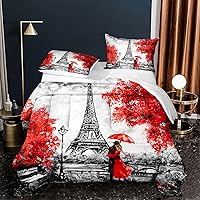 Vista 10 de Juego de edredón de la Torre Eiffel, elegante juego de ropa de cama de París con temática romántica, decoración de dormitorio negro y rosa, juego