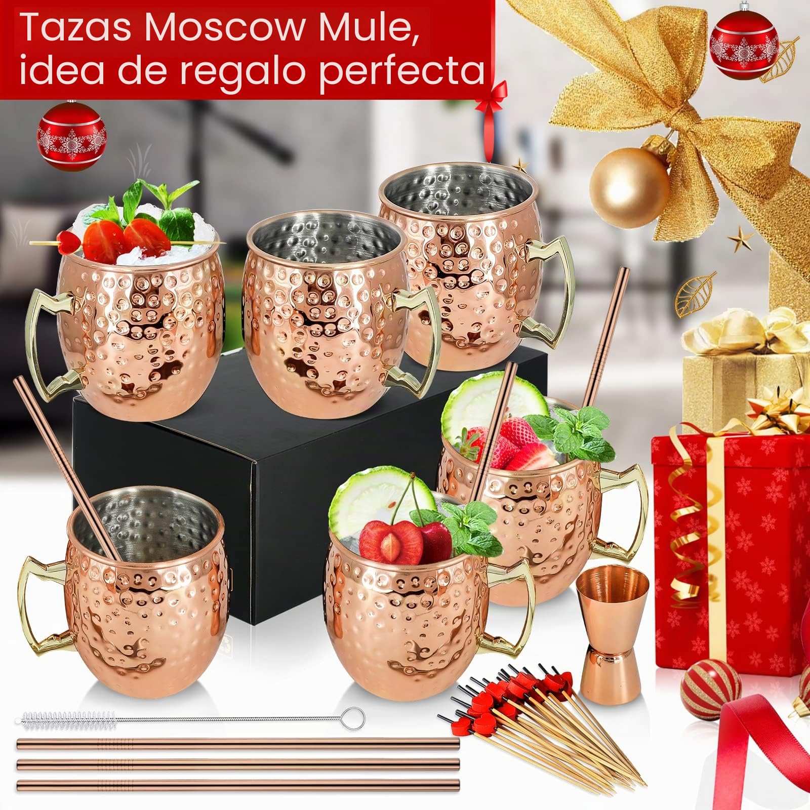 SuproBarware Juego de regalo Moscow Mule - Tazas de cobre de 18 onzas, 540 ml, juego de 6 tazas de acero inoxidable bañadas en cobre, tazas de cobre hechas a mano con asa para cócteles refrigerados