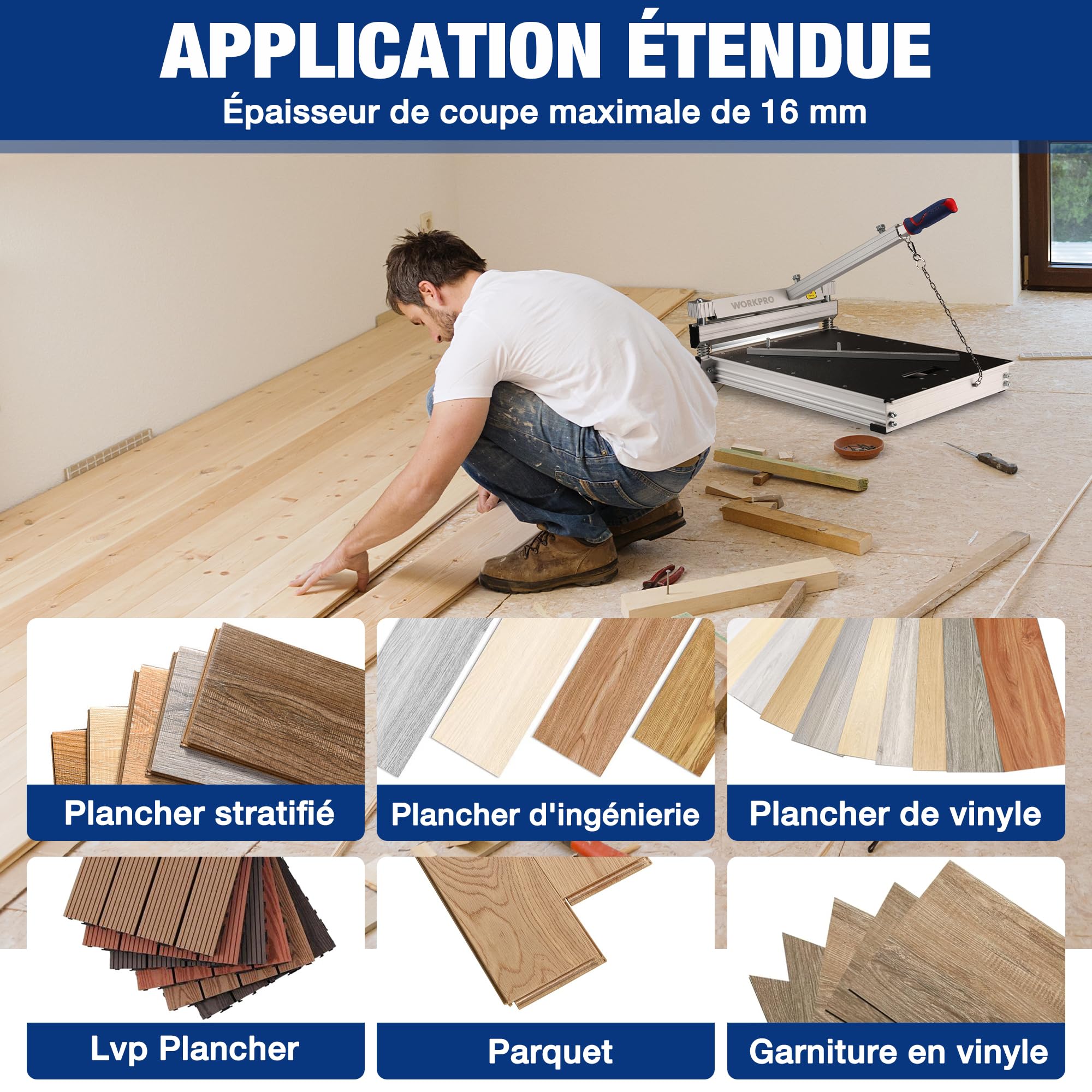 WORKPRO Coupe-Sol Stratifié avec Angle de Précision, Coupe Parquet Largeur 340 mm, Profondeur 16 mm, Alliage d'Aluminium, Idéal pour Stratifié, Vinyle, Parquet et Plancher VCT, SPC, LVP, WPC