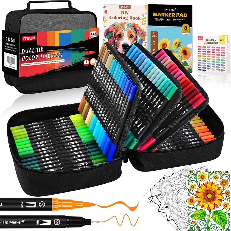 128 Colors Dual Tip Watercolor Markers Pens with Bag-Brush & Fine | Art Markers Set for Adult Coloring Book, Journaling, Drawing, Note Taking, Planner, Lettering, Calligraphy, Art Supplies Kit