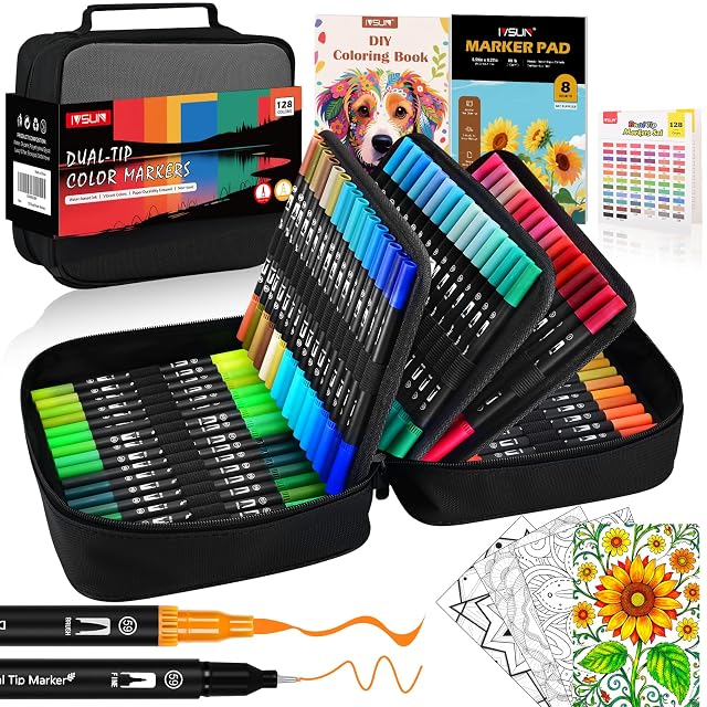 Dual Brush Marker Pens 128 Colors Art Markers Set with Fine Brush Tip for Kids Adult Coloring Book